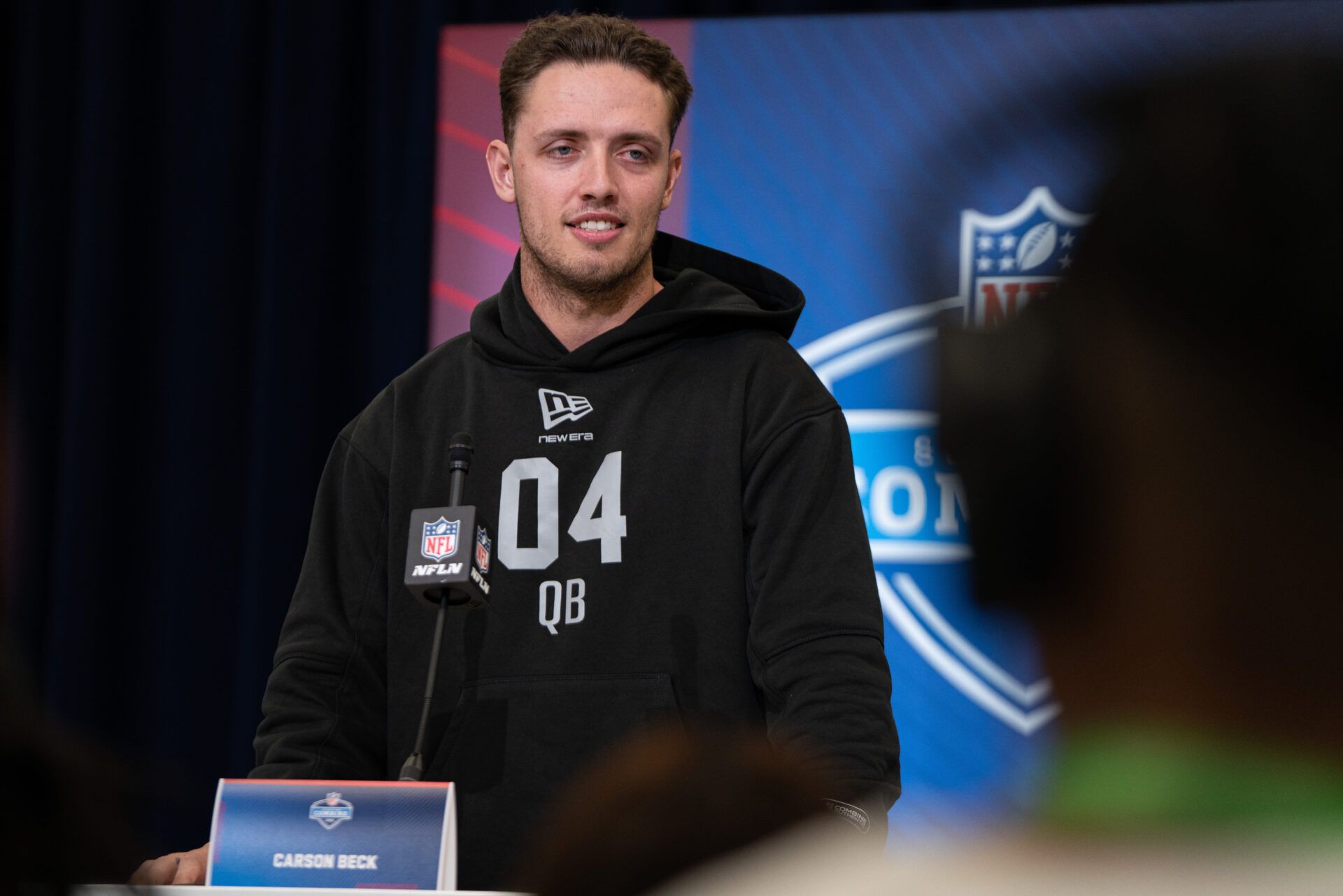 Miami quarterback Carson Beck (QB04) speaks to members of the media during the NFL Combine at the Indiana Convention Center.