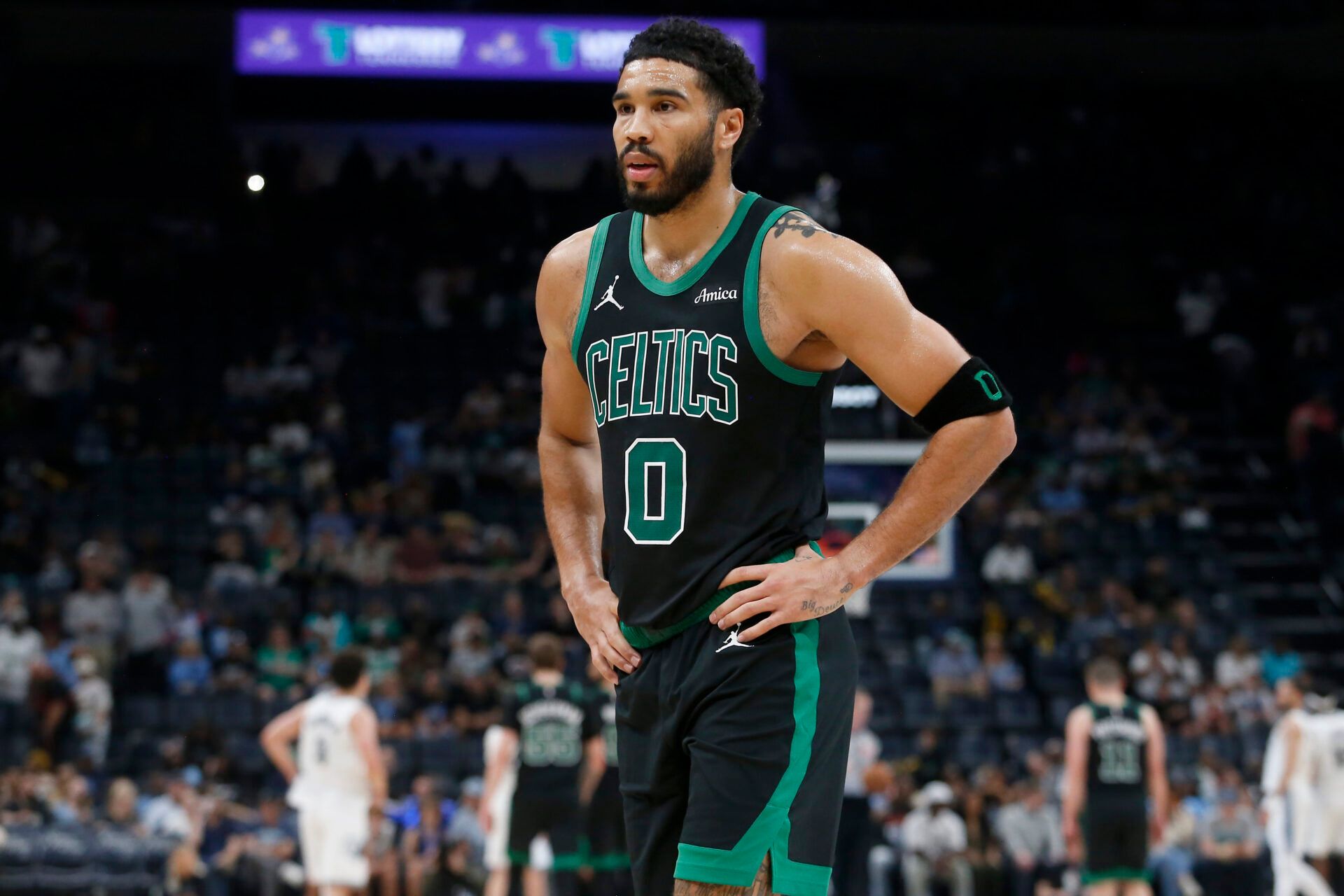 Boston Celtics forward Jayson Tatum (0) walks toward the bench during the fourth quarter against the Memphis Grizzlies at FedExForum.