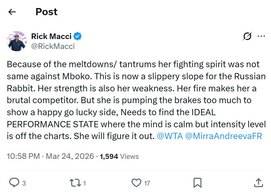 Screen grab of Rick Macci's post on X (formerly known as Twitter)