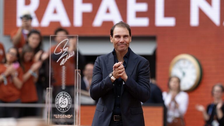 Rafael Nadal of Spain  during the presentation ceremony paying tribute to his career on a packed Court Philippe Chatrier Courtday on day one at Roland Garros Stadium.