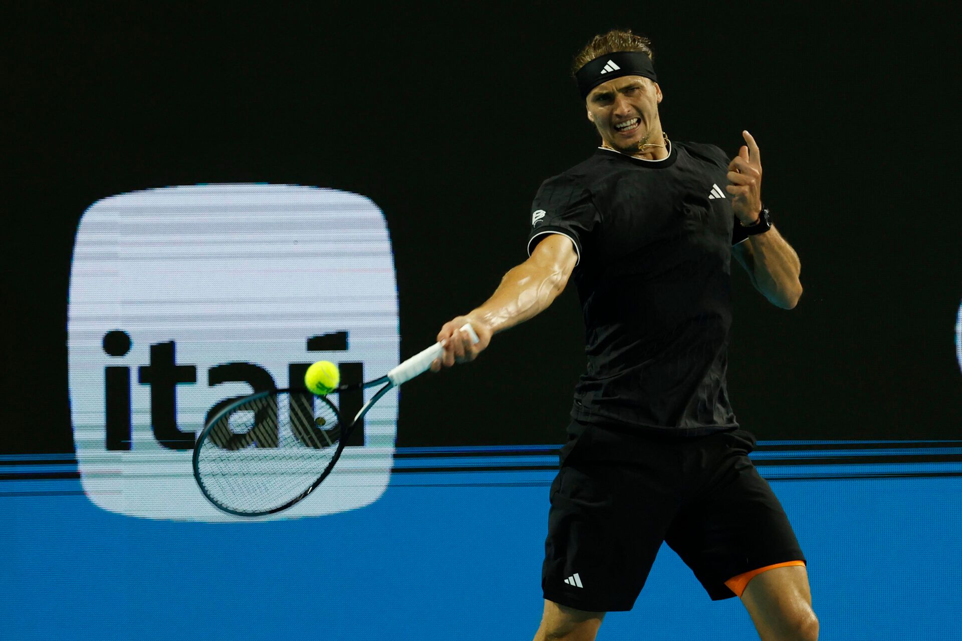 Alexander Zverev (GER) hits a forehand against Quentin Halys (FRA) (not pictured) on day eight of the 2026 Miami Open at Hard Rock Stadium.
