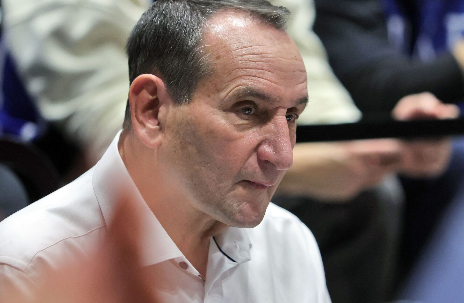 Former Duke Blue Devils and Army head coach Mike Krzyzewski watches a game between the Army Black Knights and Duke Blue Devils at Christl Arena.