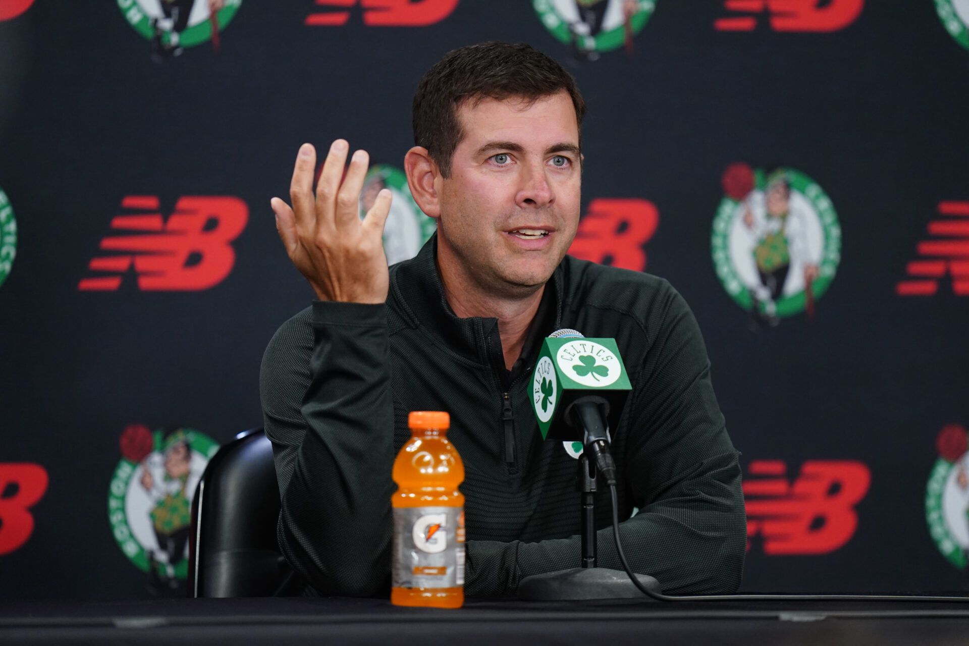Boston Celtics president of basketball operations Brad Stevens talks to reporters during media day at the Auerbach Center.