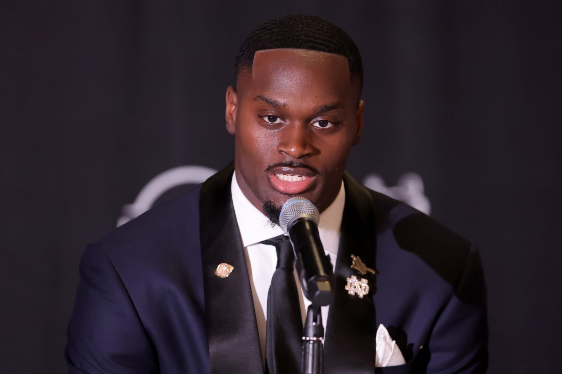 Notre Dame Fighting Irish running back Jeremiyah Love speaks to the media during a press conference at the New York Marriott Marquis before the presentation of the Heisman trophy.