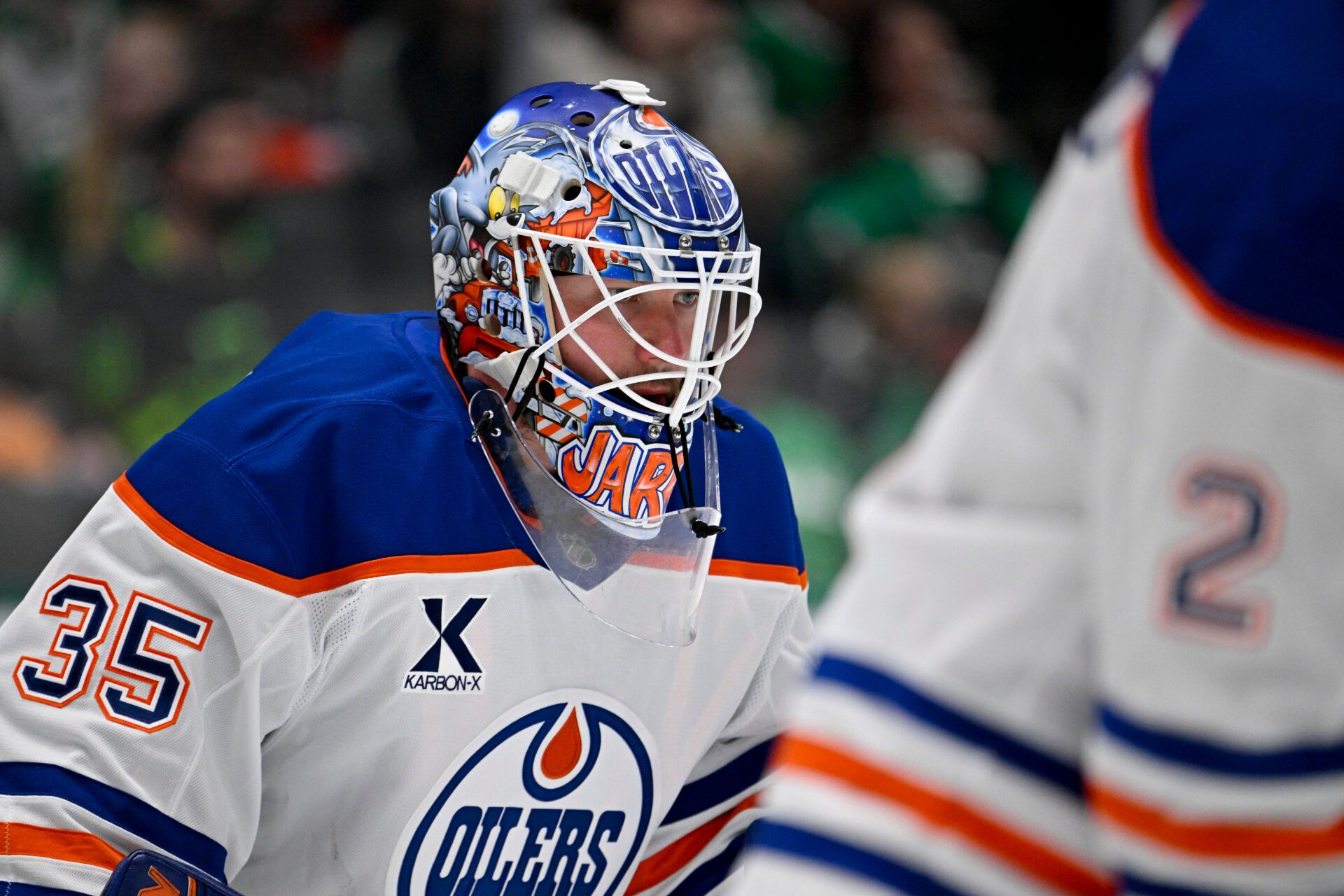 Edmonton Oilers goaltender Tristan Jarry (35) at the American Airlines Center.