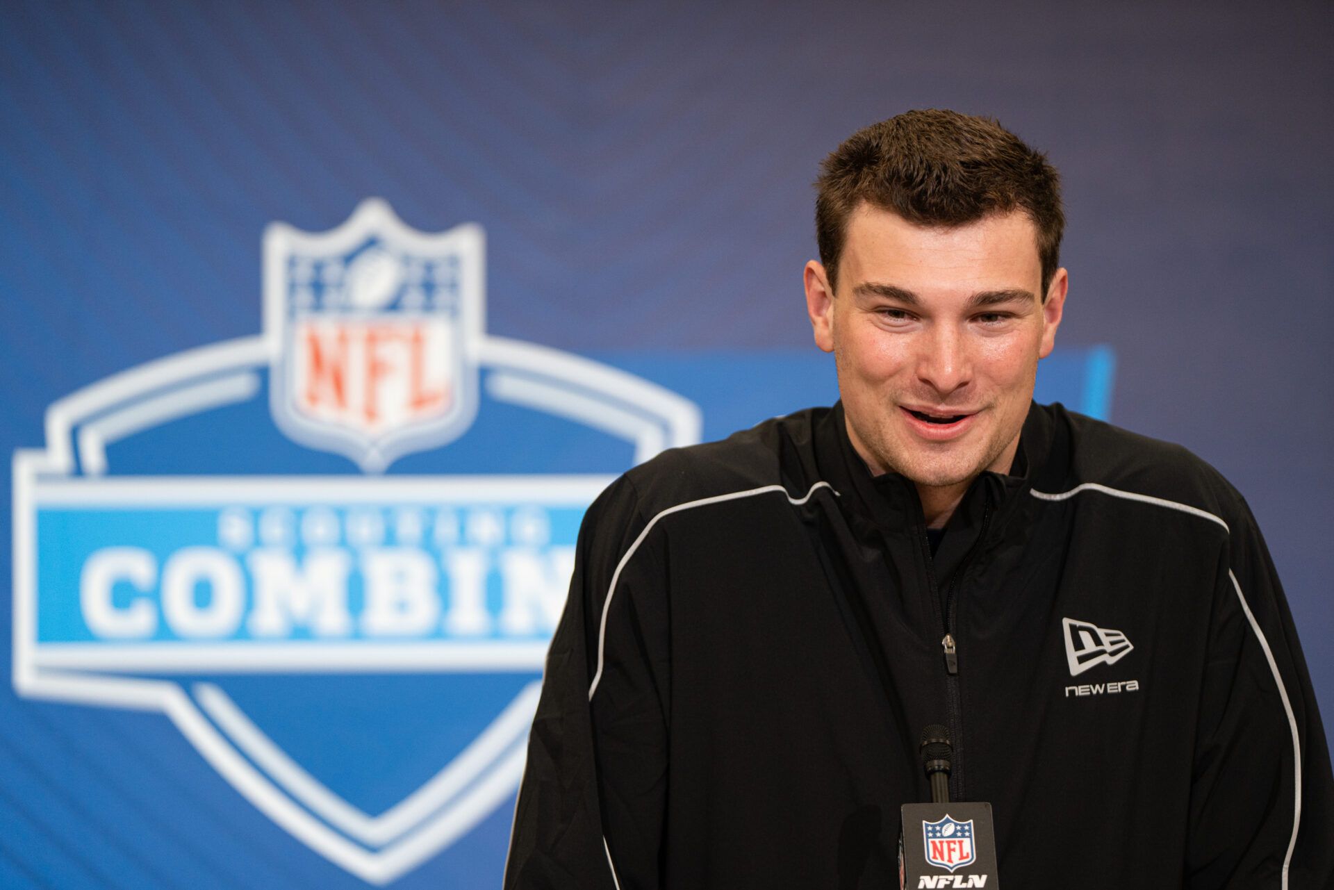 Indiana quarterback Fernando Mendoza (QB11) speaks to members of the media during the NFL Combine at the Indiana Convention Center.