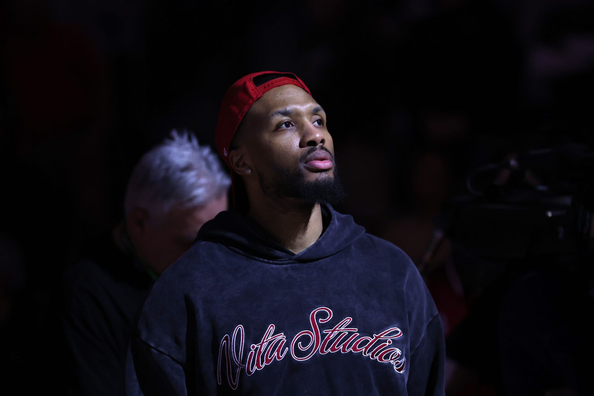 Portland Trail Blazers guard Damian Lillard (0) welcomes his teammates to the starting line up before the Trail Blazers play against the Brooklyn Nets during the first half at Moda Center.