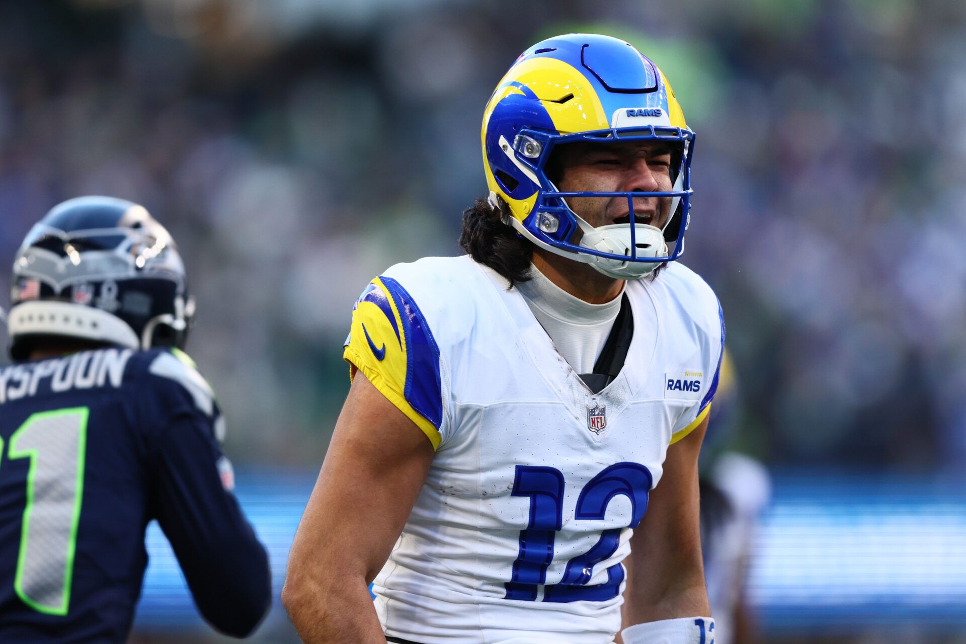 Los Angeles Rams wide receiver Puka Nacua (12) reacts after a catch against the Seattle Seahawks during the first half in the 2026 NFC Championship Game at Lumen Field.