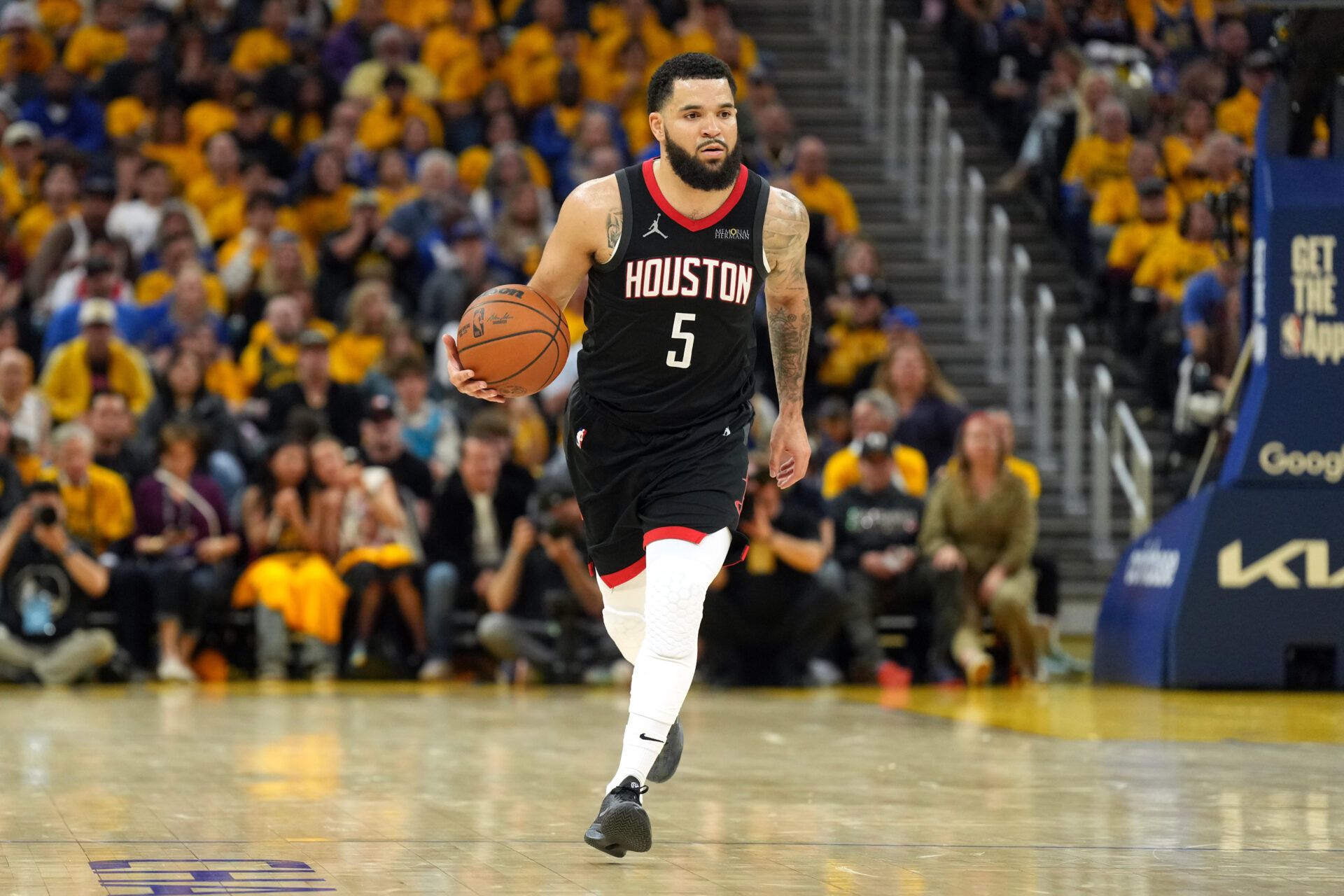 Houston Rockets guard Fred VanVleet (5) dribbles against the Golden State Warriors during the fourth quarter of game three of first round for the 2024 NBA Playoffs at Chase Center.