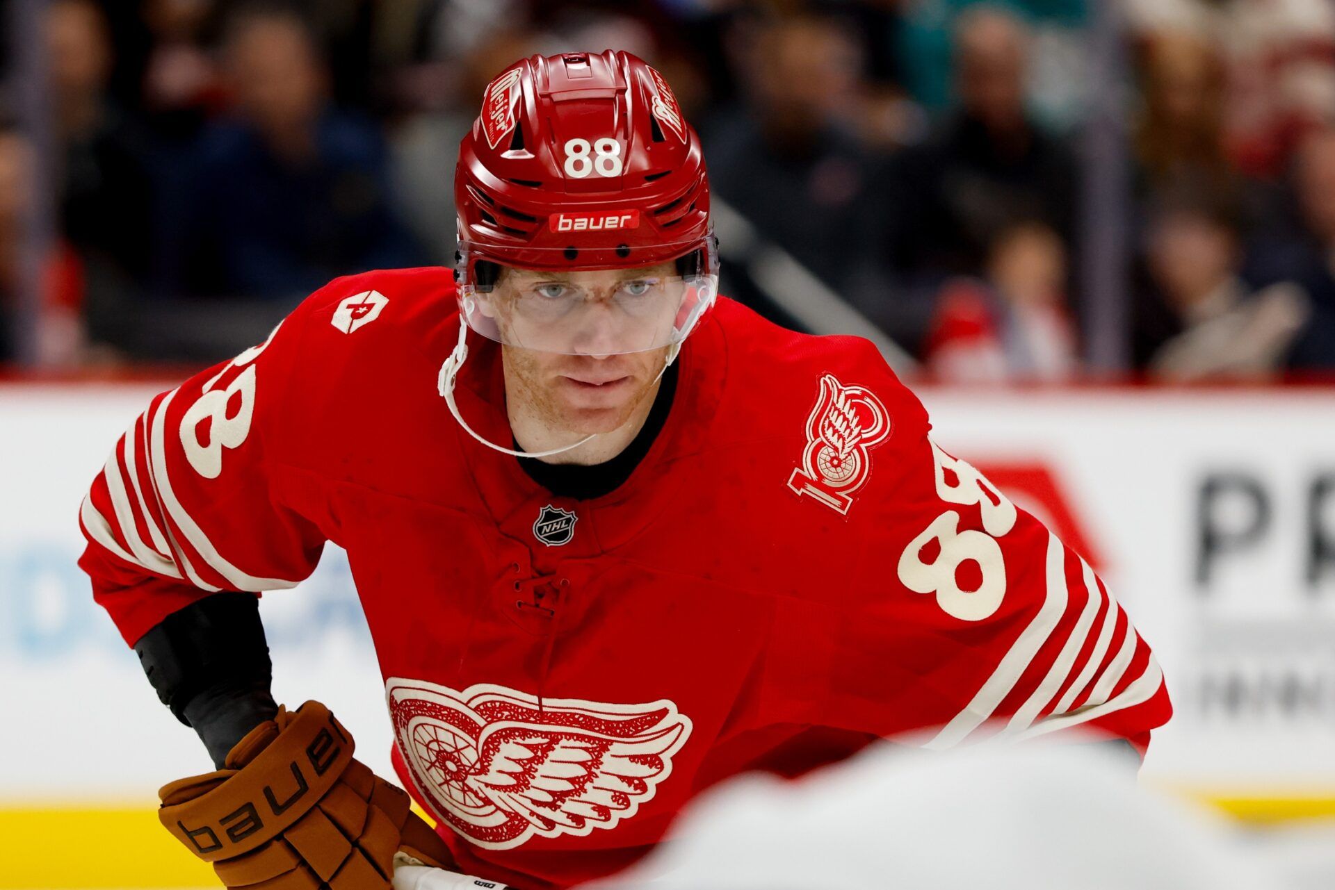 Detroit Red Wings right wing Patrick Kane (88) gets set during a face-off in the second period against the Florida Panthers at Little Caesars Arena.
