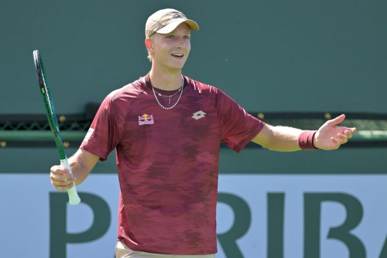 Martin Landaluce (ESP) reacts to a call by the automated line calling system during his qualifying match against Alexander Blockx (BEL) during the BNP Paribas Open at the Indian Wells Tennis Garden.
