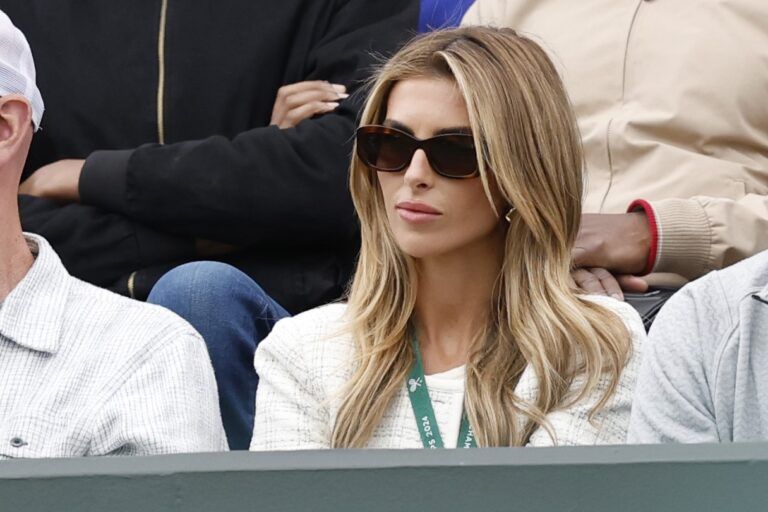 Social media influencer and girlfriend of Tommy Paul (USA)(not pictured), Paige Lorenzo (R), watches from the stands during Paul's gentlemen's singles match against Otto Virtanen (FIN)(not pictured) in a on day three of The Championships Wimbledon 2024 at All England Lawn Tennis and Croquet Club.
