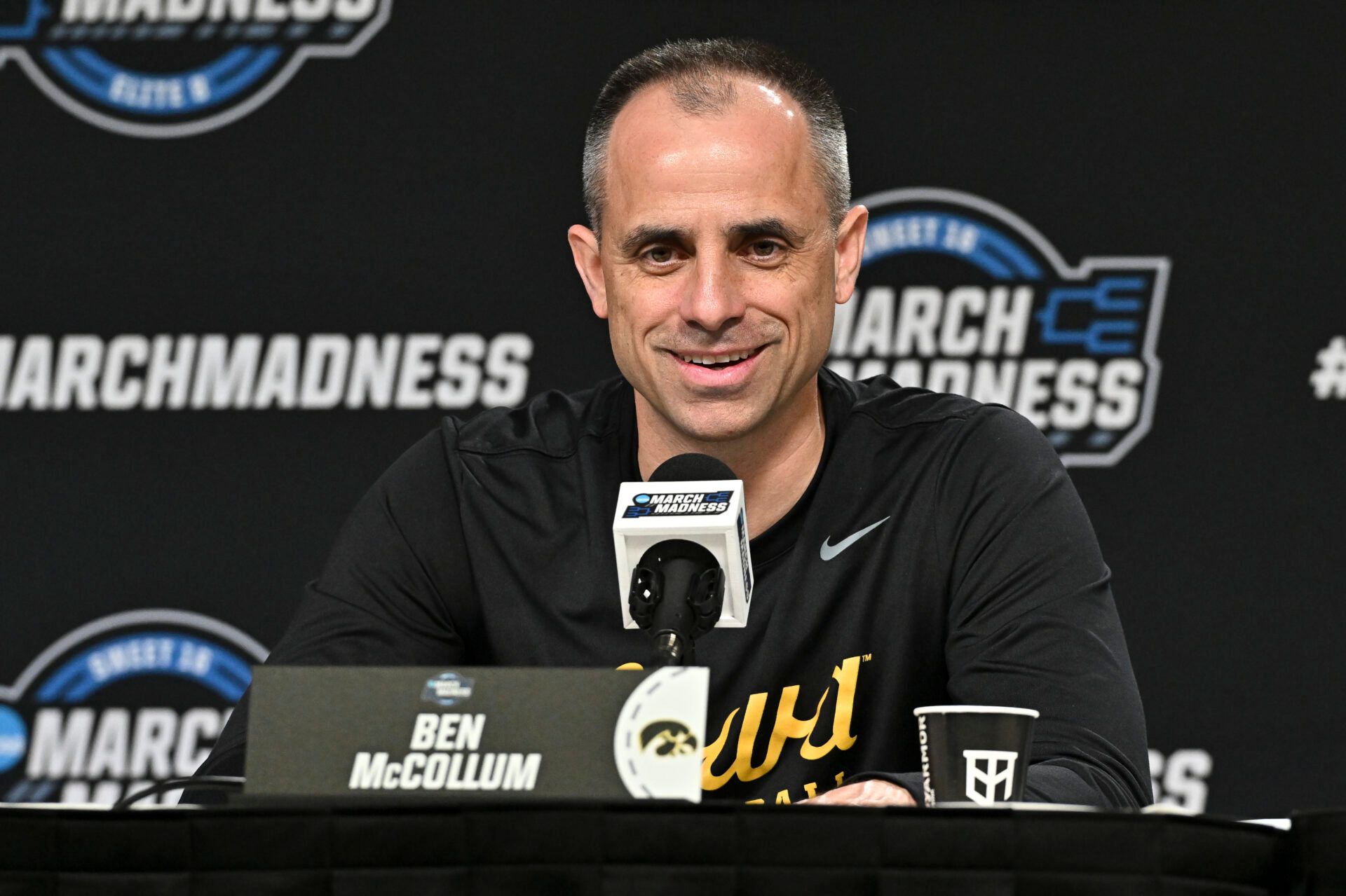 Iowa Hawkeyes head coach Ben McCollum speaks during a practice session press conference ahead of the south regional of the men's 2026 NCAA Tournament at Toyota Center.