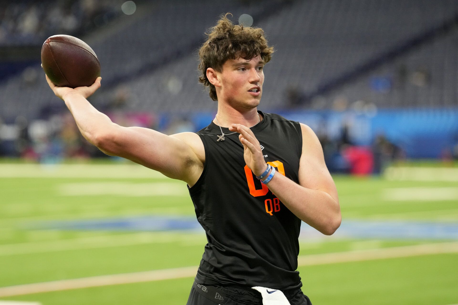Penn State quarterback Drew Allar (QB02) during the NFL Scouting Combine at Lucas Oil Stadium.