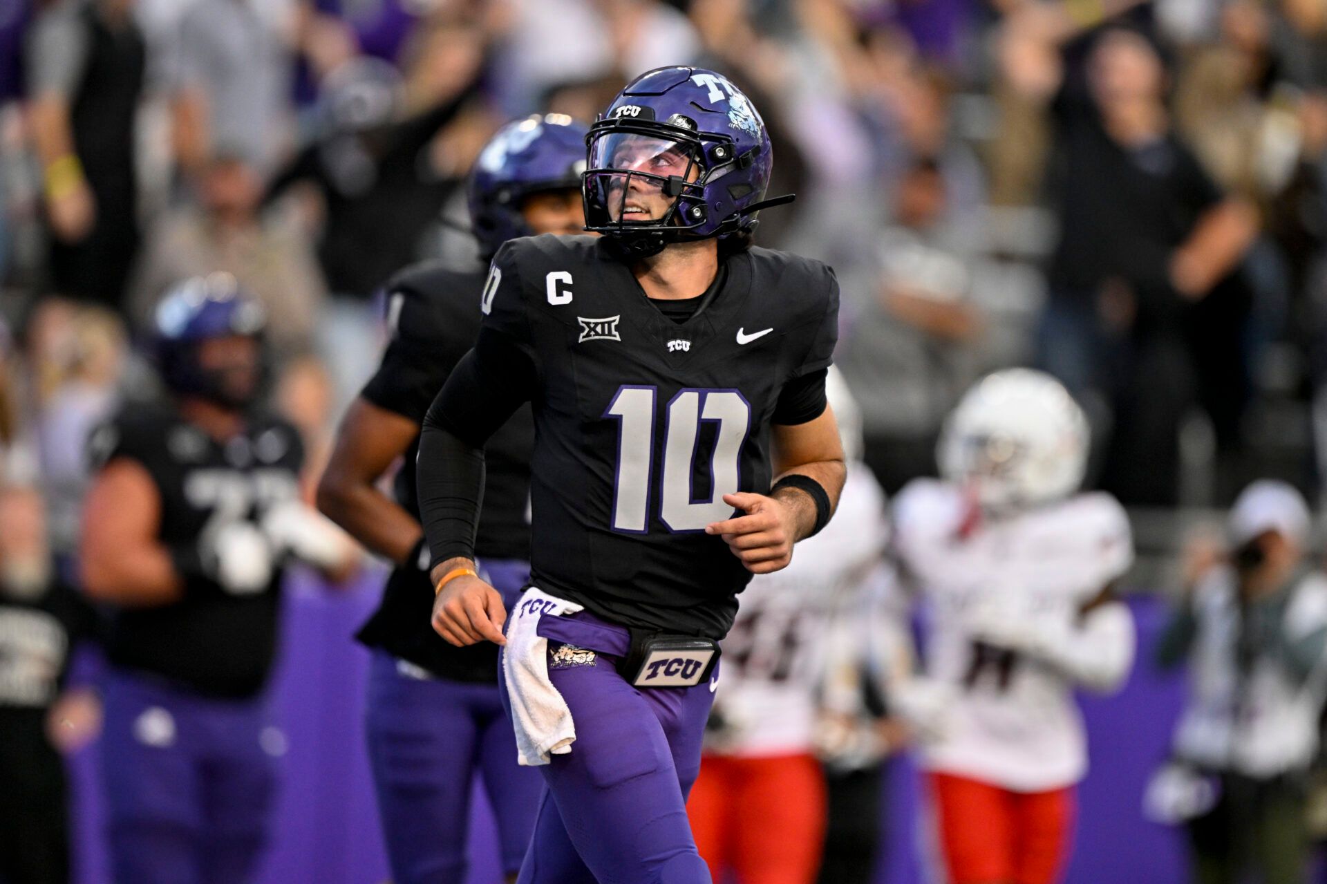 TCU Horned Frogs quarterback Josh Hoover (10) comes off the field during the game between the Horned Frogs and the Bearcats at Amon G. Carter Stadium.