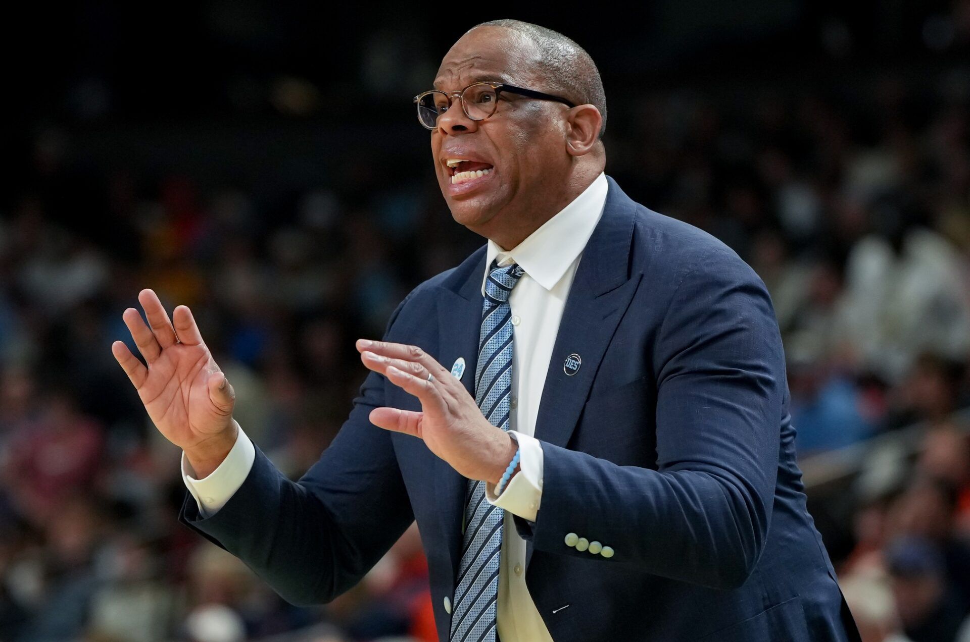 North Carolina Tar Heels head coach Hubert Davis instructs his team against the VCU Rams in the second half of a first round game of the men's 2026 NCAA Tournament at Bon Secours Wellness Arena.