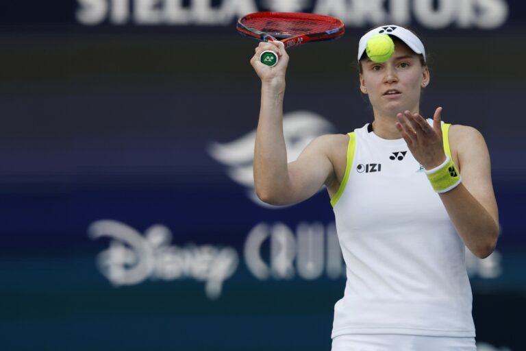 Elena Rybakina (KAZ) hits a ball after winning game against Jessica Pegula (USA) (not pictured) on day nine of the 2026 Miami Open at Hard Rock Stadium.