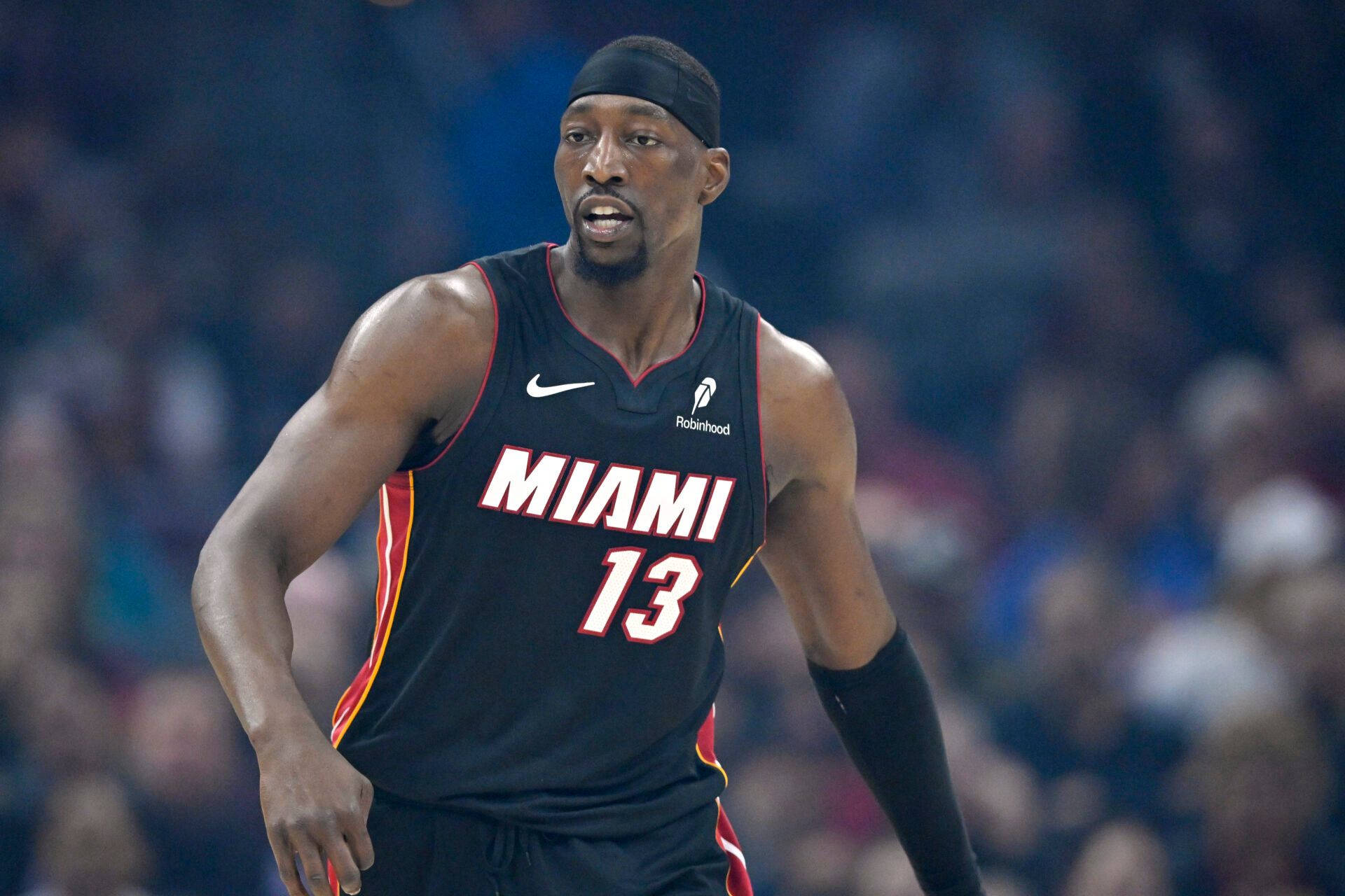 Miami Heat center Bam Adebayo (13) stands on the court in the first quarter against the Cleveland Cavaliers at Rocket Arena.