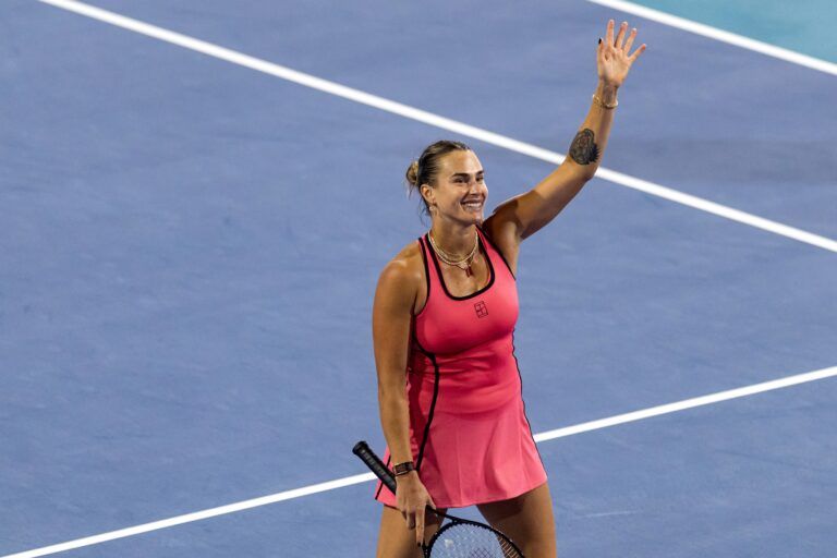 Aryna Sabalenka of Belarus celebrates winning her match against Hailey Baptiste of the United States in the quarter finals of the women’s singles at the Miami Open at Hard Rock Stadium.
