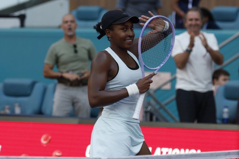 Coco Gauff (USA) celebrates after her match against Sorana Cirstea (ROU) (not pictured) on day 7 of the 2026 Miami Open at Hard Rock Stadium.