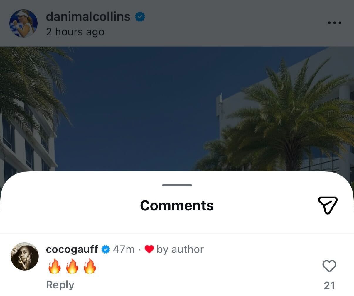 Screen grab of Coco Gauff's comment under Danielle Collins' post
