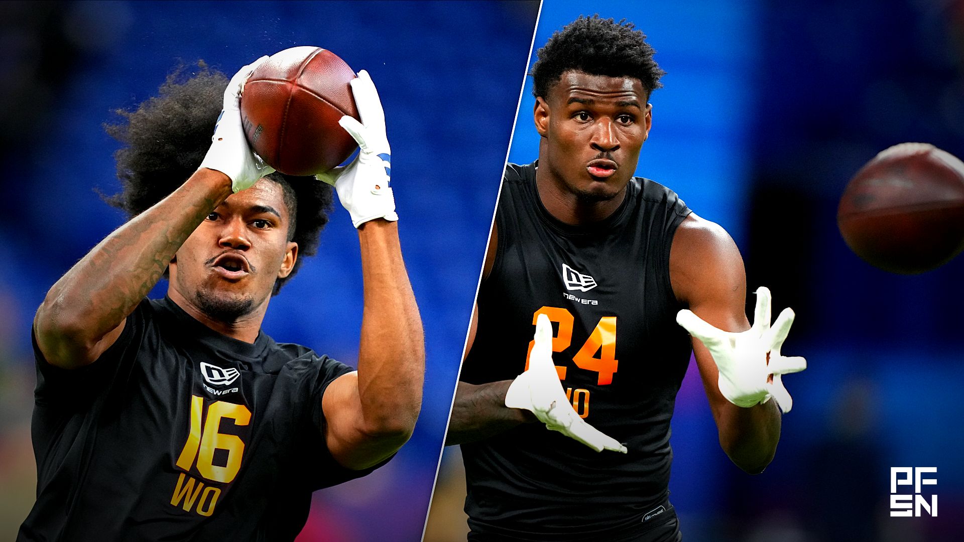 Georgia State wideout Ted Hurst (WO24) during the NFL Scouting Combine at Lucas Oil Stadium. Mandatory Credit: Kirby Lee-Imagn Images

Player collage graphic of NFL: Combine and NFL: Combine separated by diagonal slash dividers