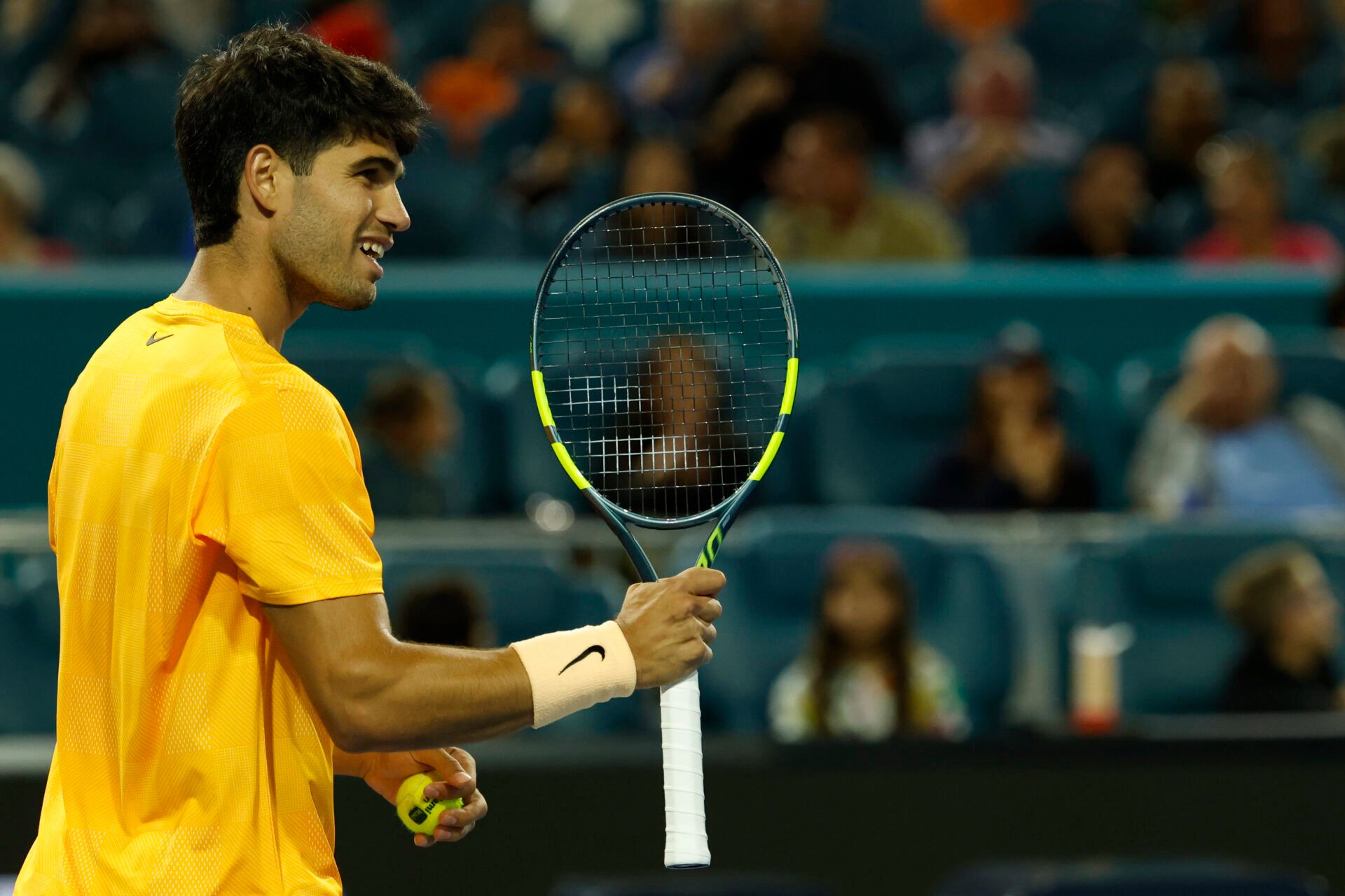 Carlos Alcaraz (ESP) celebrates after match point against Joo Fonseca (BRA) (not pictured) on day four of the 2026 Miami Open at Hard Rock Stadium.