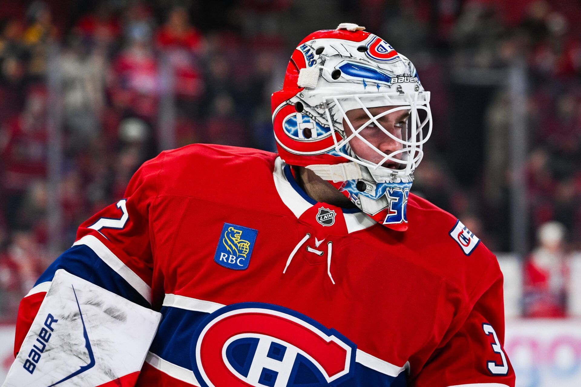 Montreal Canadiens goalie Jacob Fowler (32) looks on during warm-up before the game against the Boston Bruins at Bell Centre.