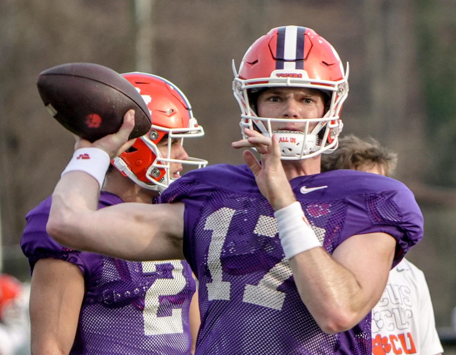 Clemson quarterback Christopher Vizzina (17) throws during Spring football practice at the Reeves Football Complex in Clemson, SC Wednesday, March 4, 2026.