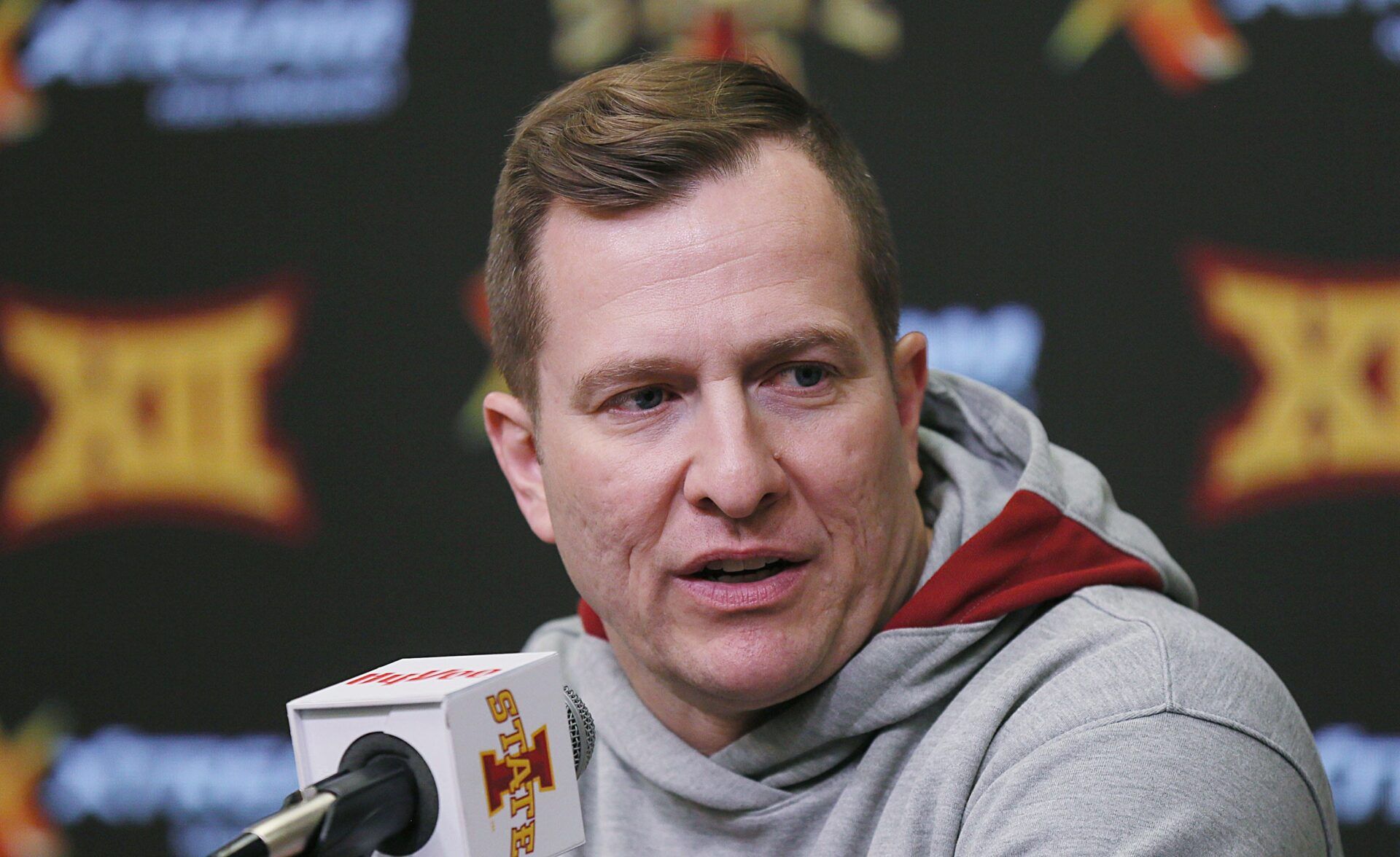 Iowa State men's basketball head coach Iowa State Cyclones men's basketball head coach T. J. Otzelberger talks to media after NCAA men's basketball selection show at Hilton Coliseum on Sunday, March 17, 2024, in Ames, Iowa