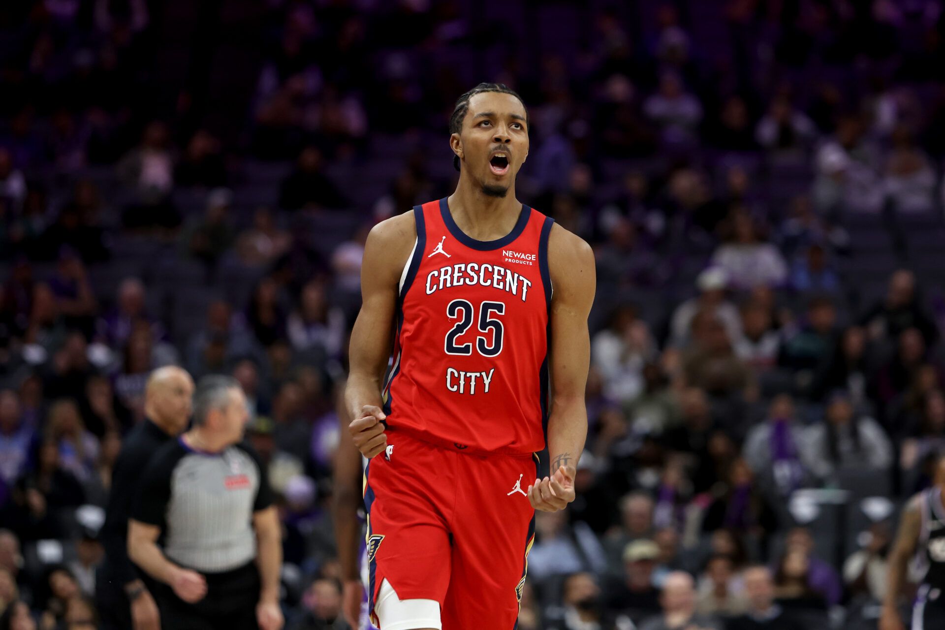 New Orleans Pelicans forward Trey Murphy III (25) reacts after making a three point basket against the Sacramento Kings during the fourth quarter at Golden 1 Center.