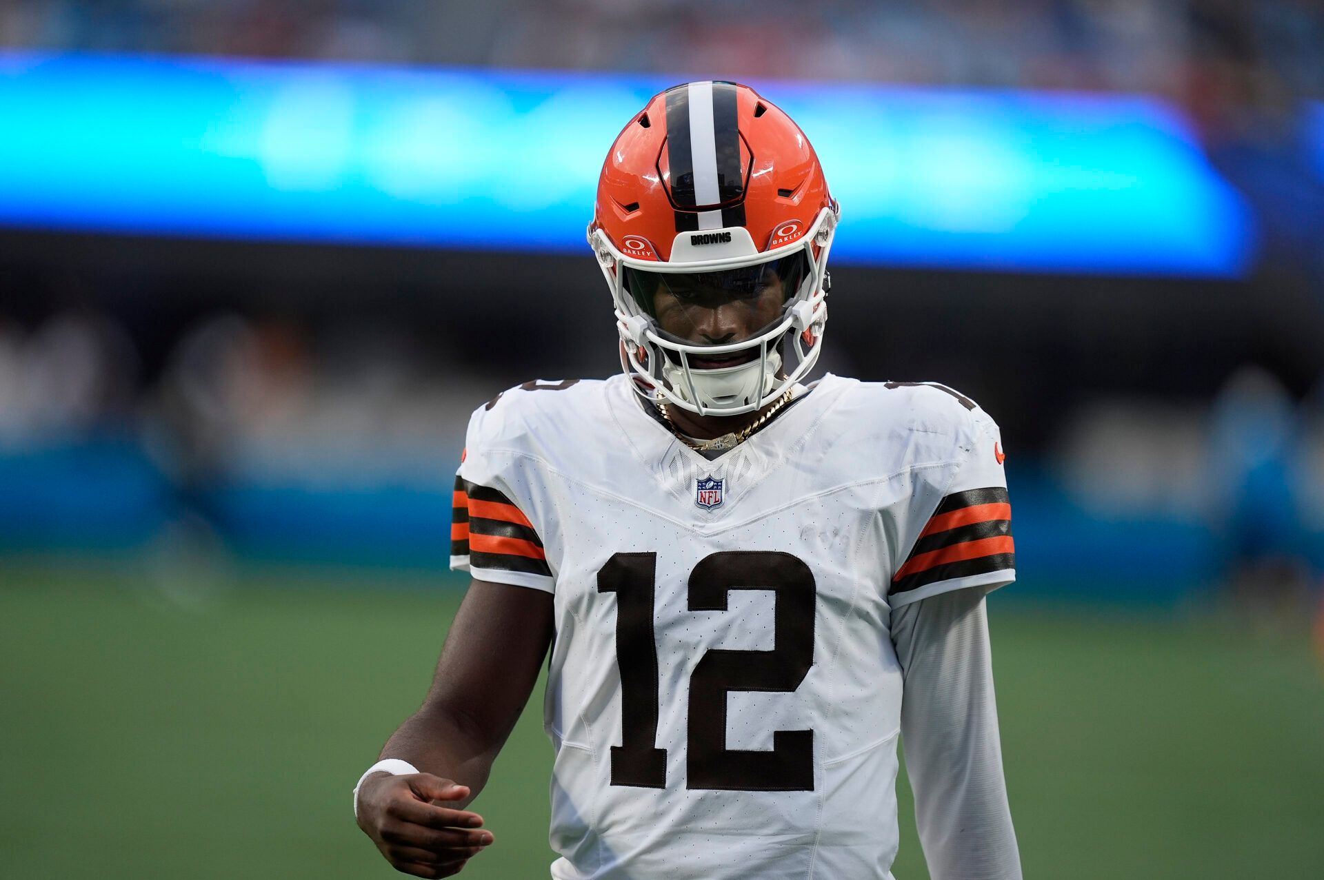 Cleveland Browns quarterback Shedeur Sanders (12) takes the field in the second quarter against the Carolina Panthers at Bank of America Stadium.