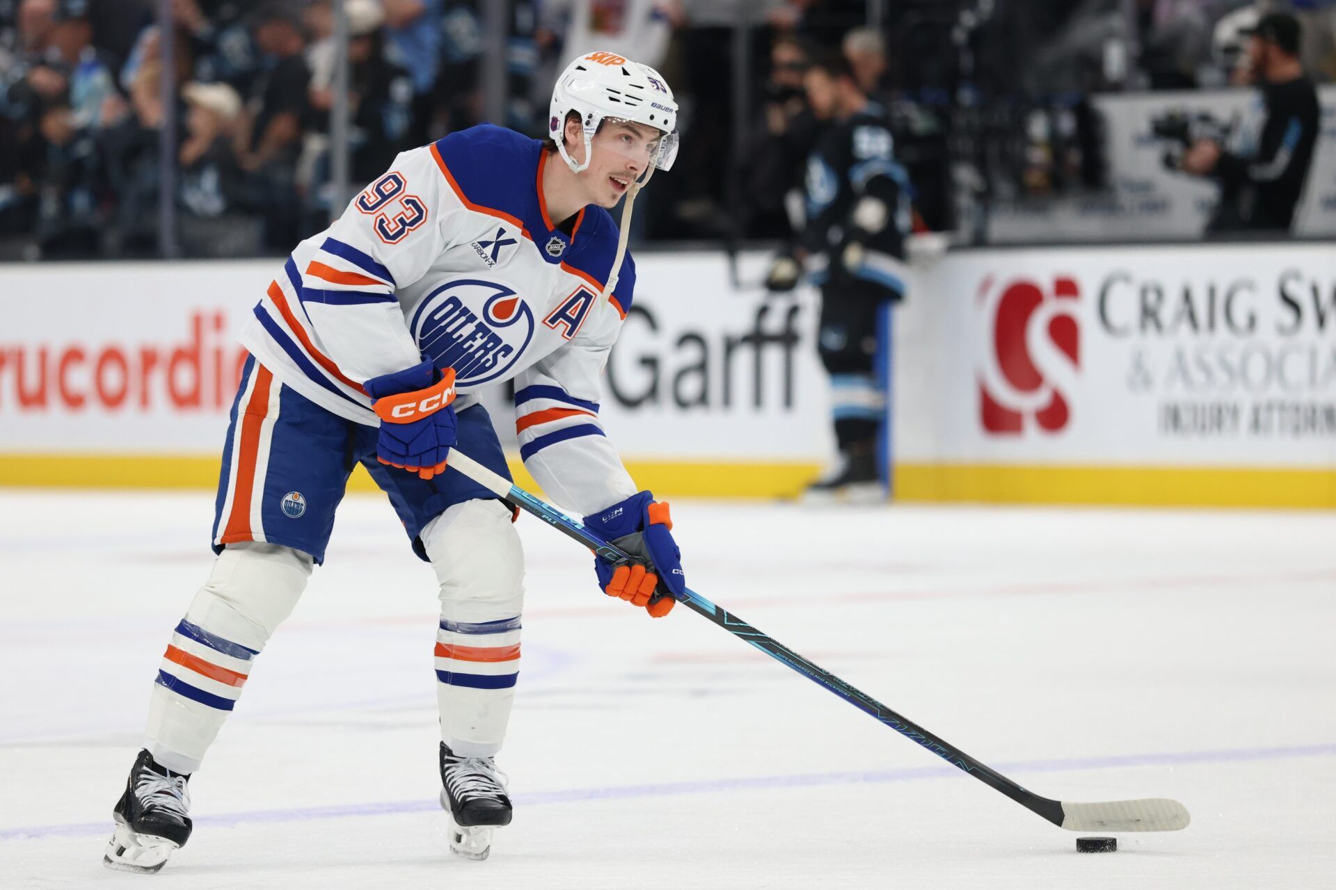 Edmonton Oilers center Ryan Nugent-Hopkins (93) warms up before a game against the Utah Mammoth at Delta Center.