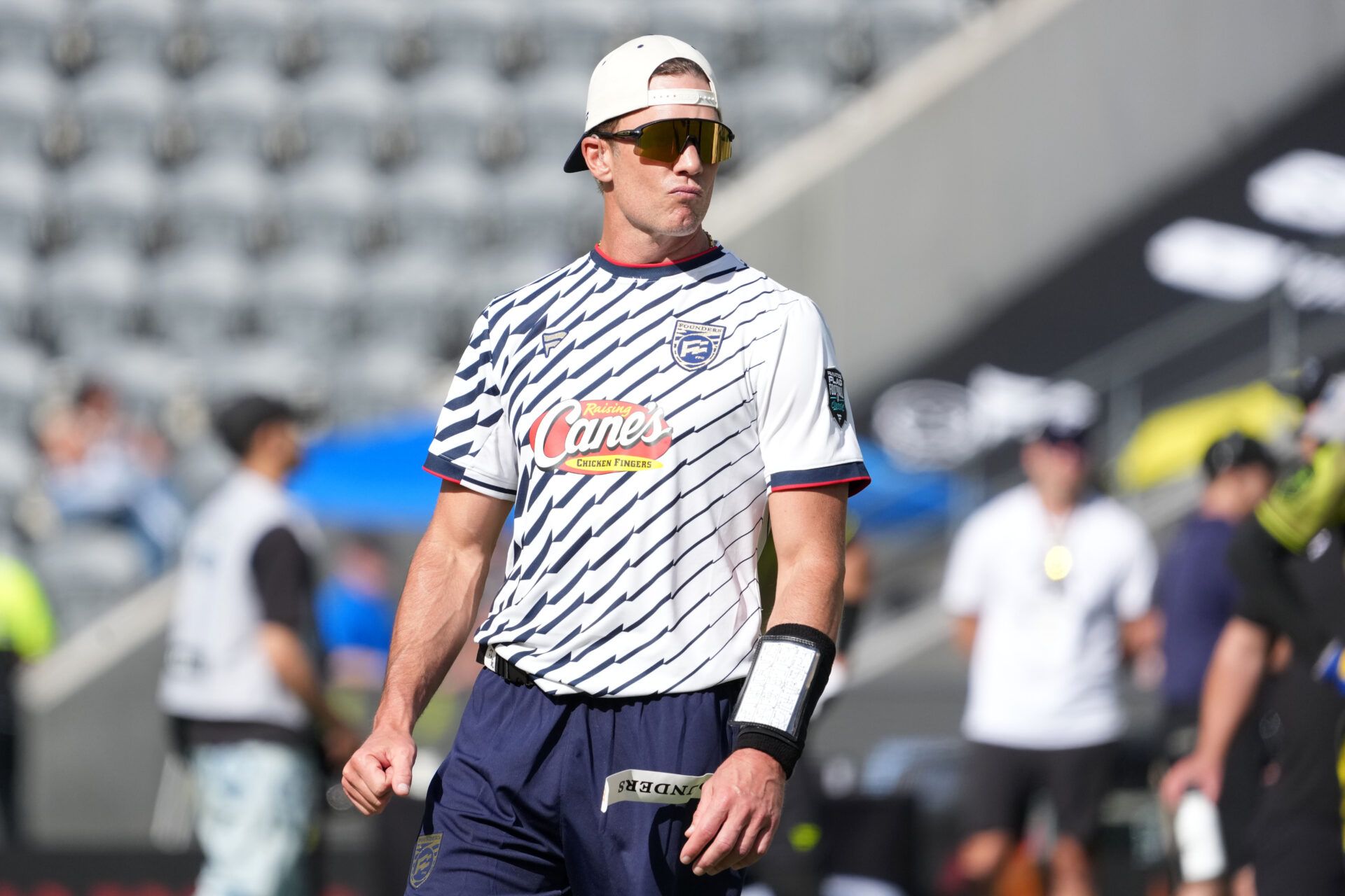 Founders FFC quarterback Tom Brady (12) during the Fanatics Flag Football Classic at BMO stadium.