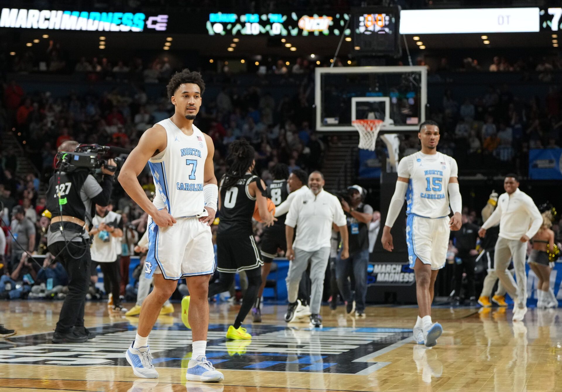 North Carolina Tar Heels guard Seth Trimble (7) reacts after losing to the VCU Rams in overtime of a first round game of the men's 2026 NCAA Tournament at Bon Secours Wellness Arena.