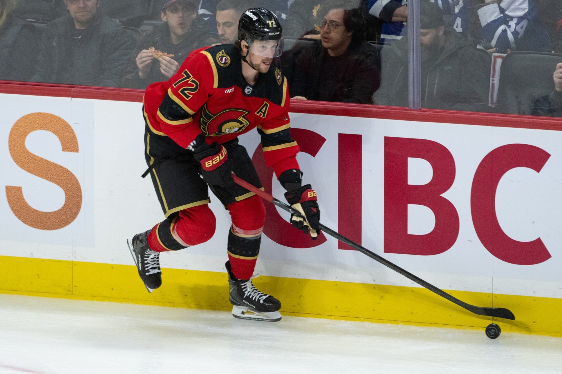 Ottawa Senators defenseman Thomas Chabot (72) skates with the puck in the third period against. the Toronto Maple Leafs   at the Canadian Tire Centre.