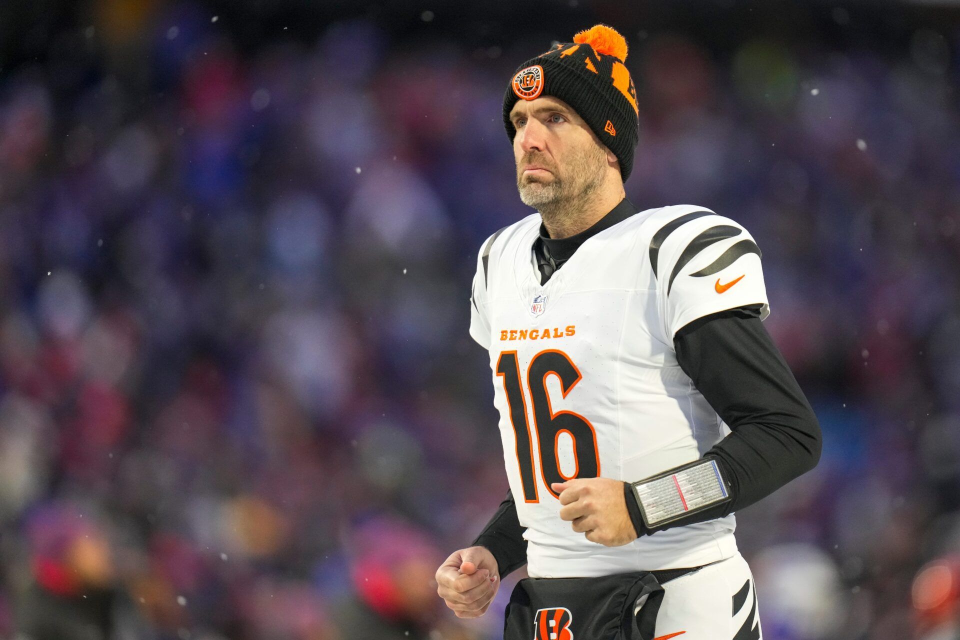 Cincinnati Bengals quarterback Joe Flacco (16) heads for the locker room after the fourth quarter of the NFL Week 14 game between the Buffalo Bills and the Cincinnati Bengals at Highmark Stadium in Orchard Park, N.Y., on Sunday, Dec. 7, 2025. The Bills overcame a halftime deficit to win 39-34.