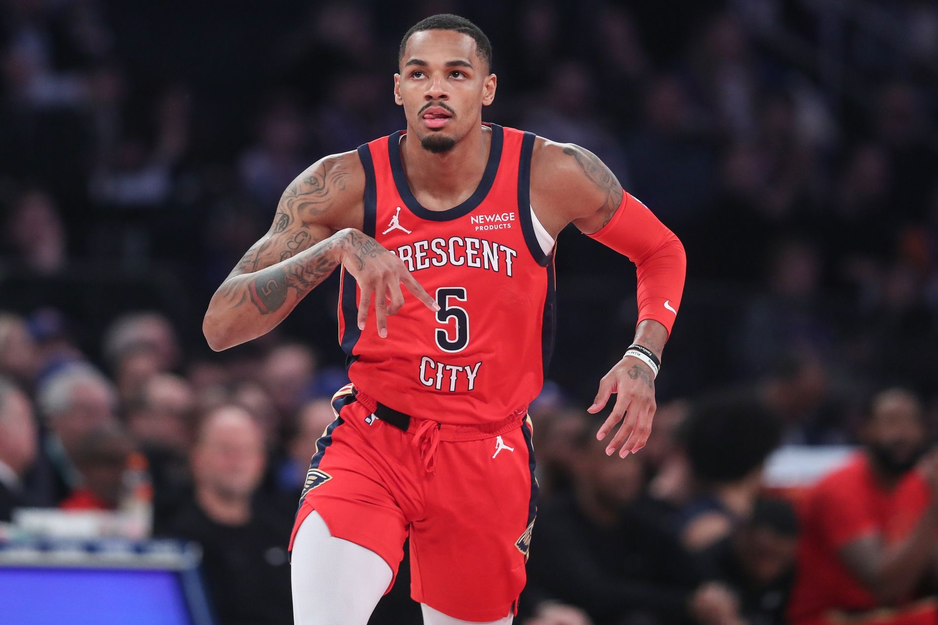 New Orleans Pelicans guard Dejounte Murray (5) gestures after scoring in the first quarter against the New York Knicks at Madison Square Garden.