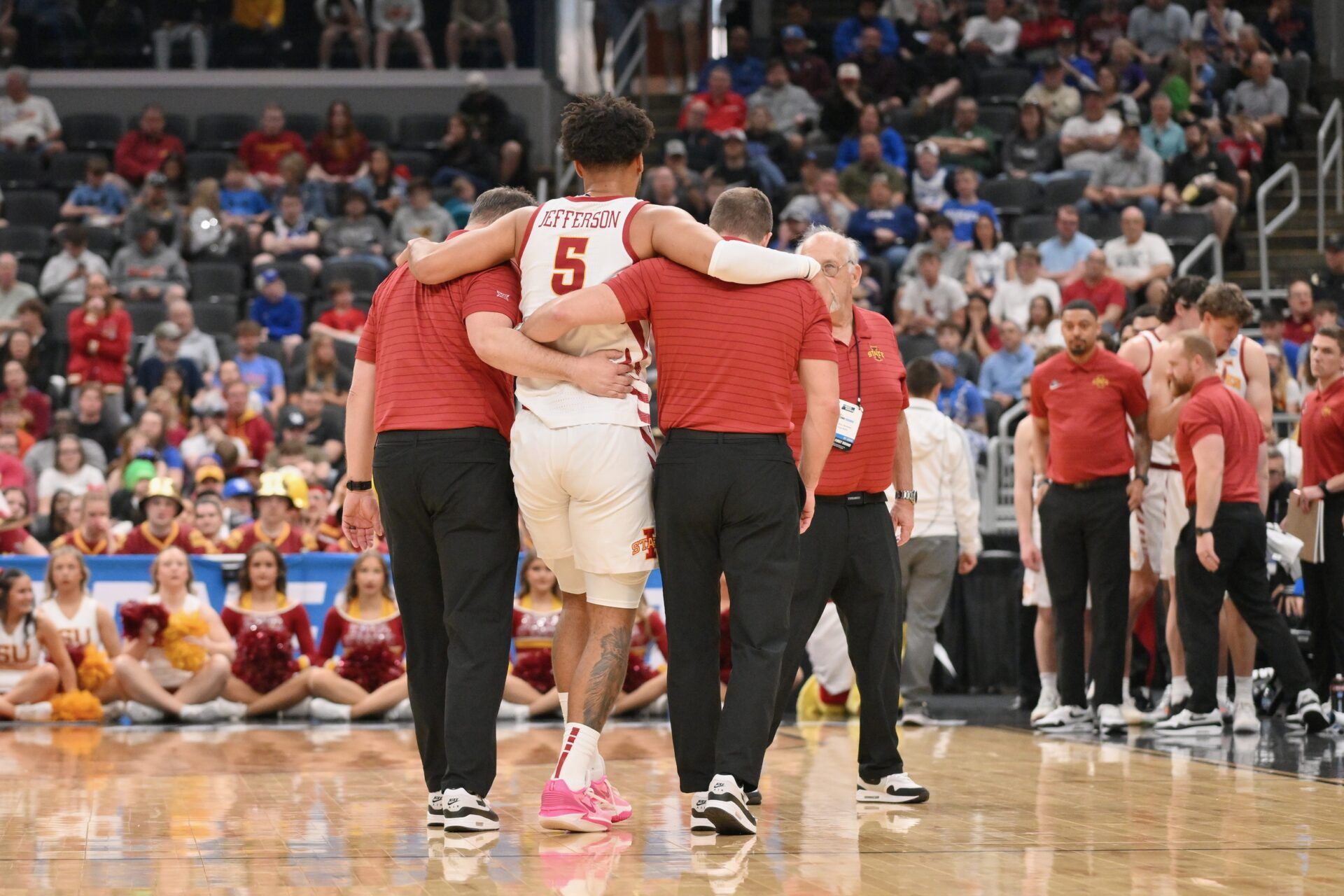 Iowa State Cyclones forward Joshua Jefferson (5) is helped off of the court after suffering an apparent injury to his left leg against Tennessee State Tigers during the first half of a first round game of the men's 2026 NCAA Tournament at Enterprise Center.
