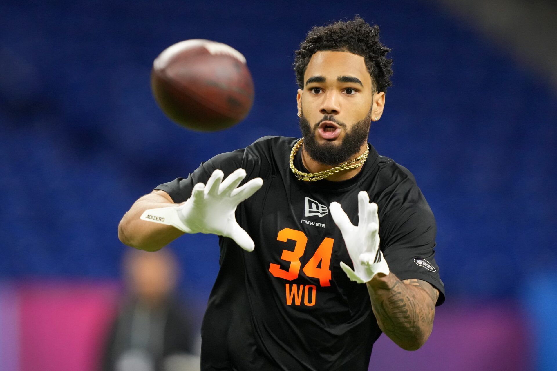 Indiana wideout Elijah Sarratt (WO34) during the NFL Scouting Combine at Lucas Oil Stadium.