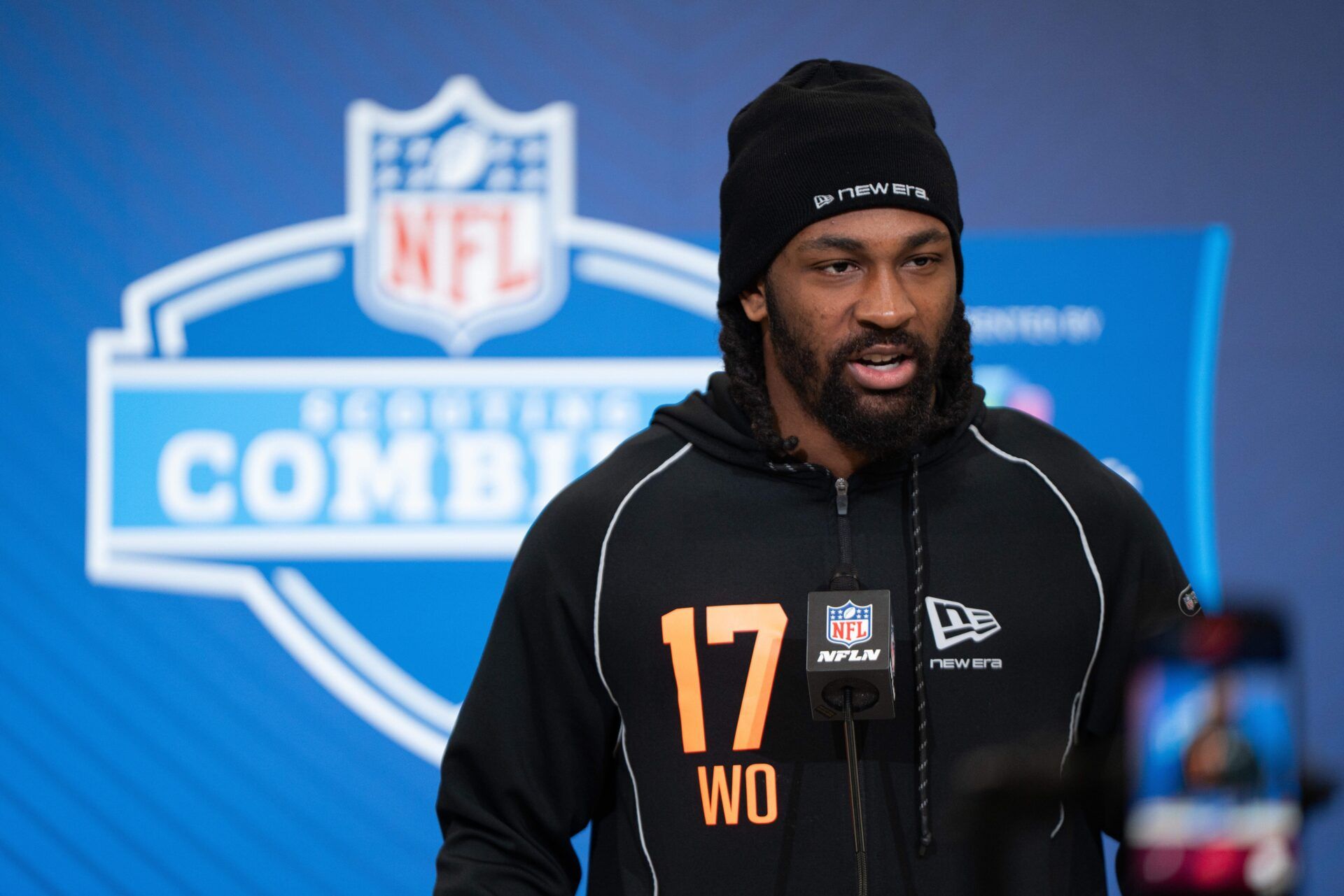 Indiana wideout Omar Cooper Jr. (WO17) speaks to members of the media during the NFL Combine at the Indiana Convention Center.