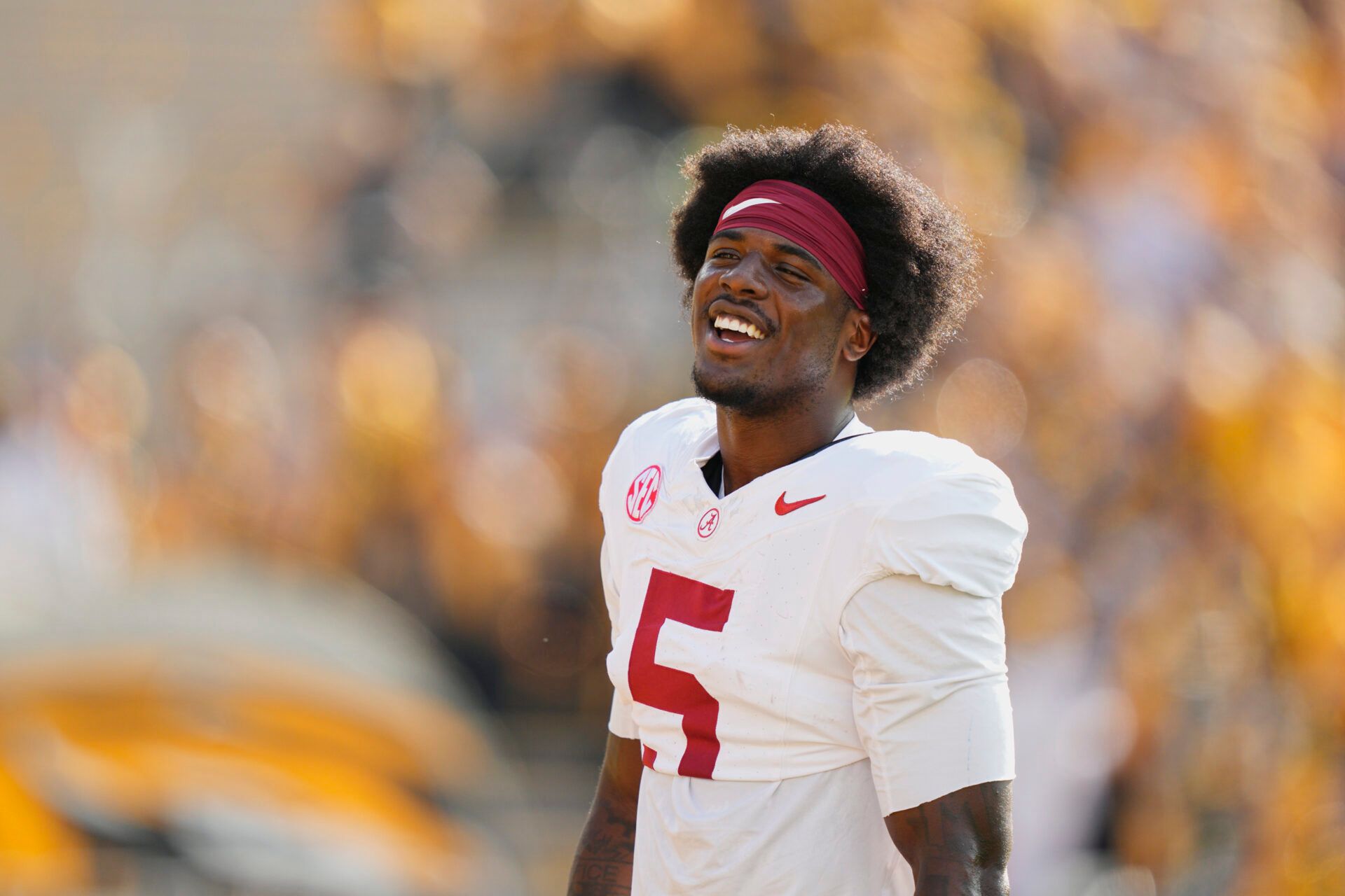 Alabama Crimson Tide wide receiver Germie Bernard (5) warms up prior to the game against the Missouri Tigers at Faurot Field at Memorial Stadium.