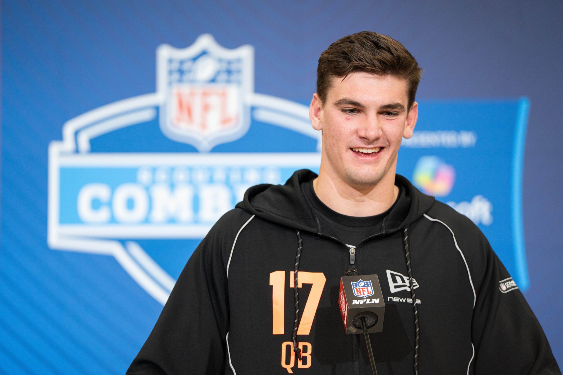 Alabama quarterback Ty Simpson (QB17) speaks to members of the media during the NFL Combine at the Indiana Convention Center.