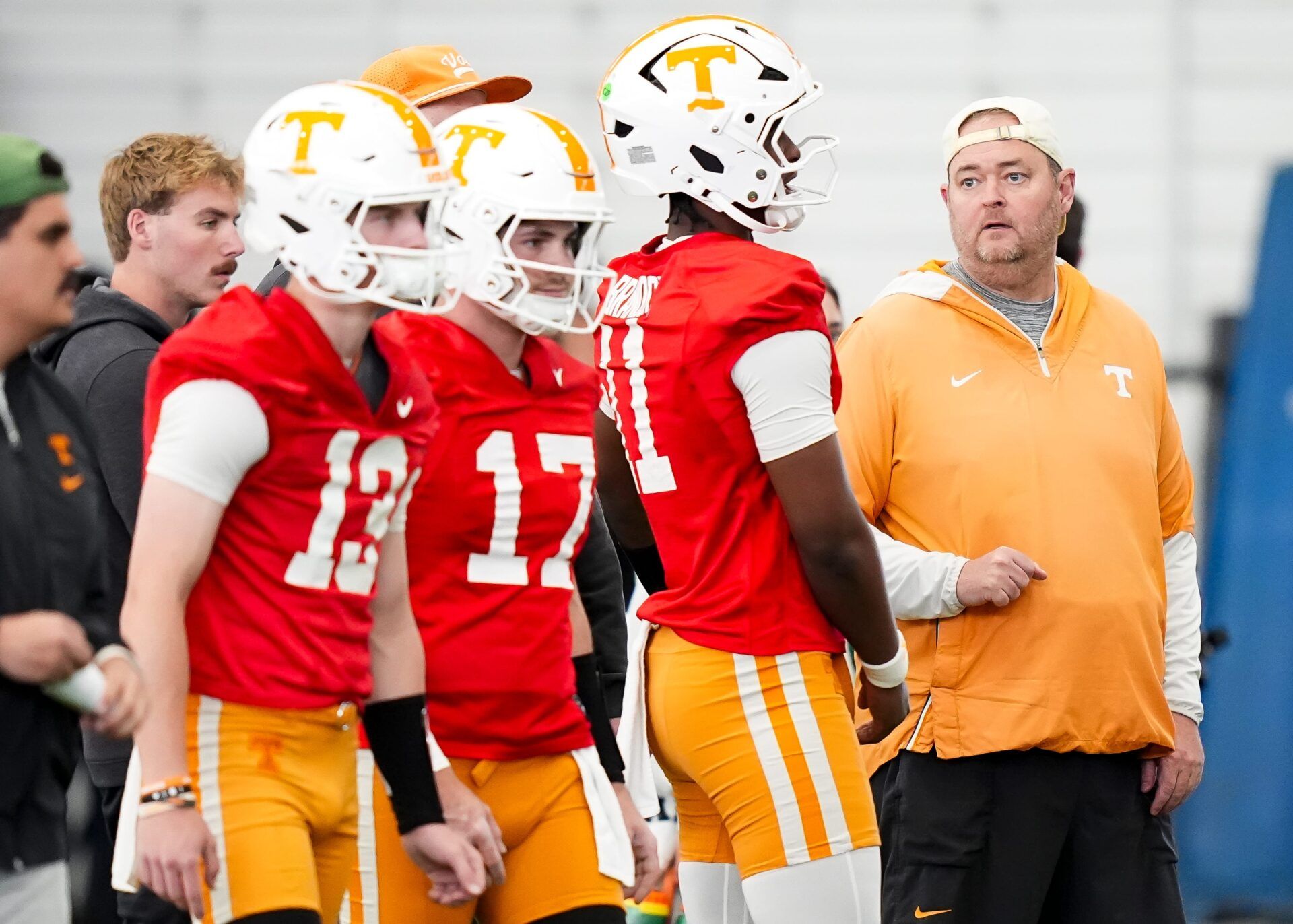 Tennessee coach Josh Heupel with the quarterbacks during the Vols' spring football practice in Knoxville on March 17, 2026.