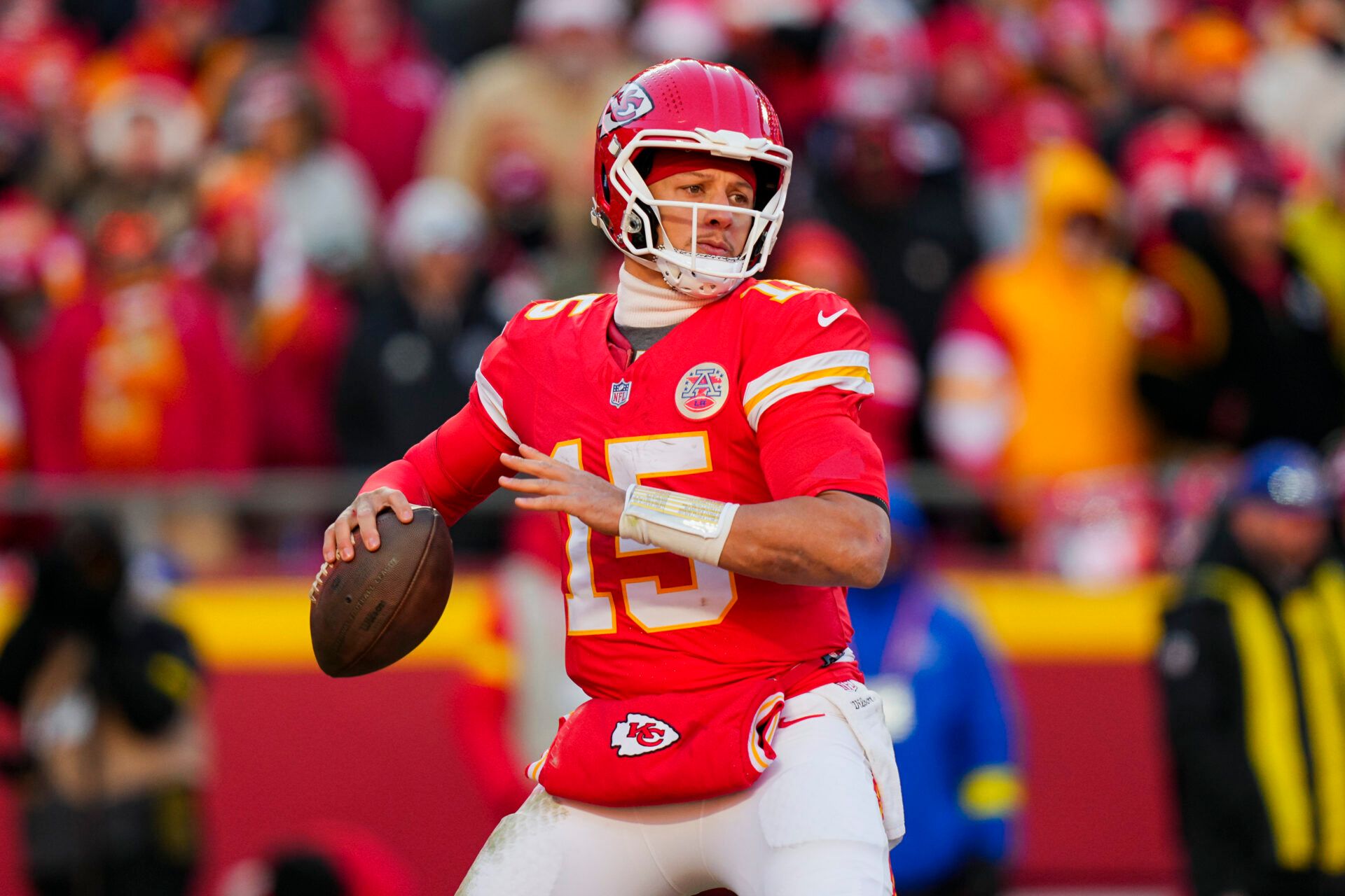 Kansas City Chiefs quarterback Patrick Mahomes (15) throws a pass during the second half against the Los Angeles Chargers at GEHA Field at Arrowhead Stadium.