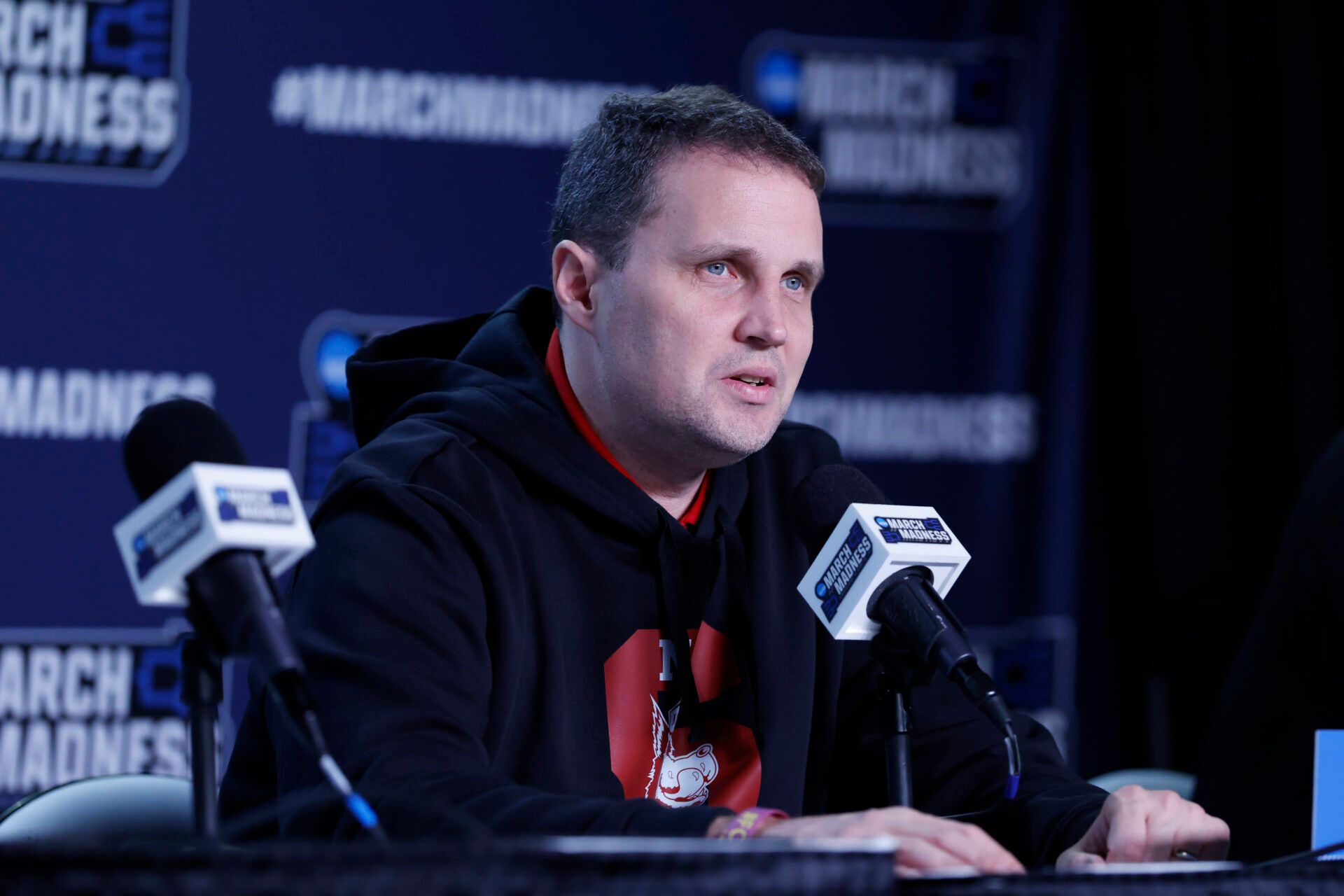 NC State Wolfpack head coach Will Wade speaks with the media during a practice session ahead of the first four of the men's 2026 NCAA Tournament at University of Dayton Arena.