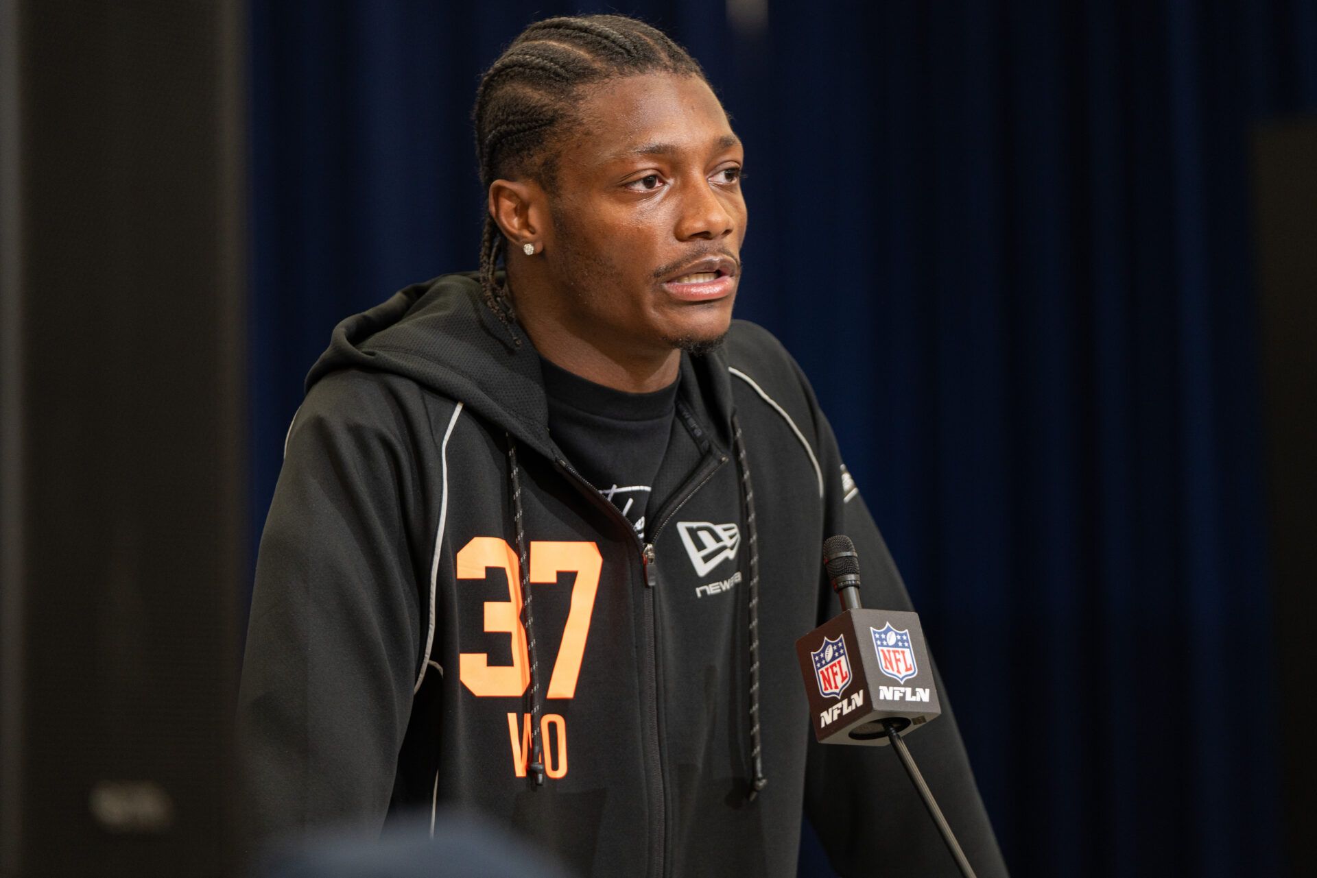 Ohio State wideout Carnell Tate (WO37) speaks to members of the media during the NFL Combine at the Indiana Convention Center.