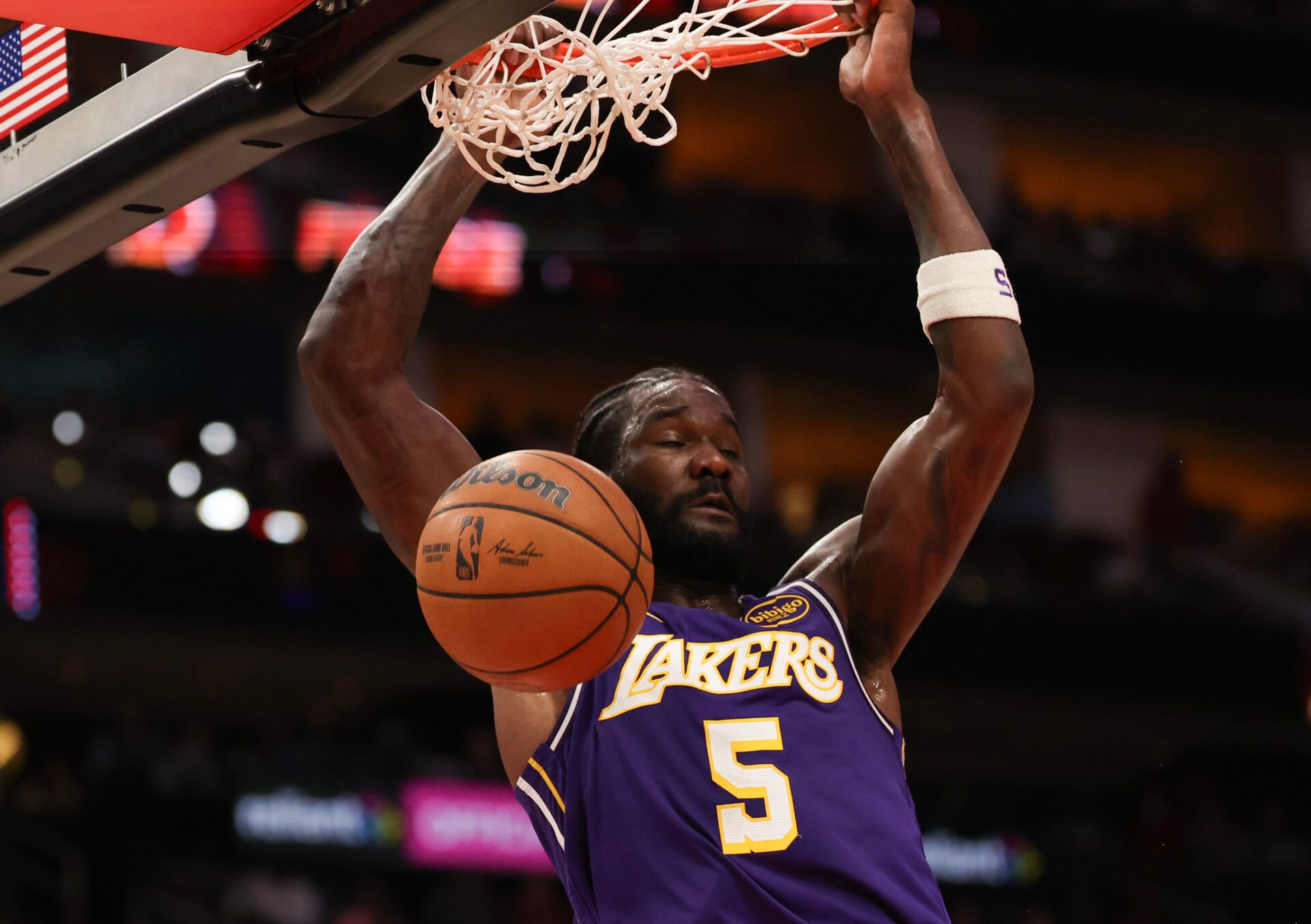 Los Angeles Lakers center Deandre Ayton (5) dunks against the Houston Rockets in the second half at Toyota Center.