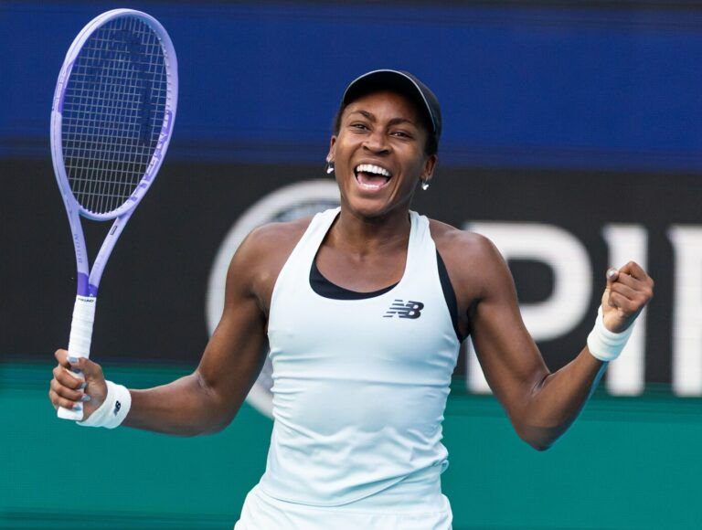Coco Gauff of the United States reacts after a point against Karolina Muchova of the Czech Republic in the semi-finals of the women’s singles at the Miami Open at the Hard Rock Stadium.