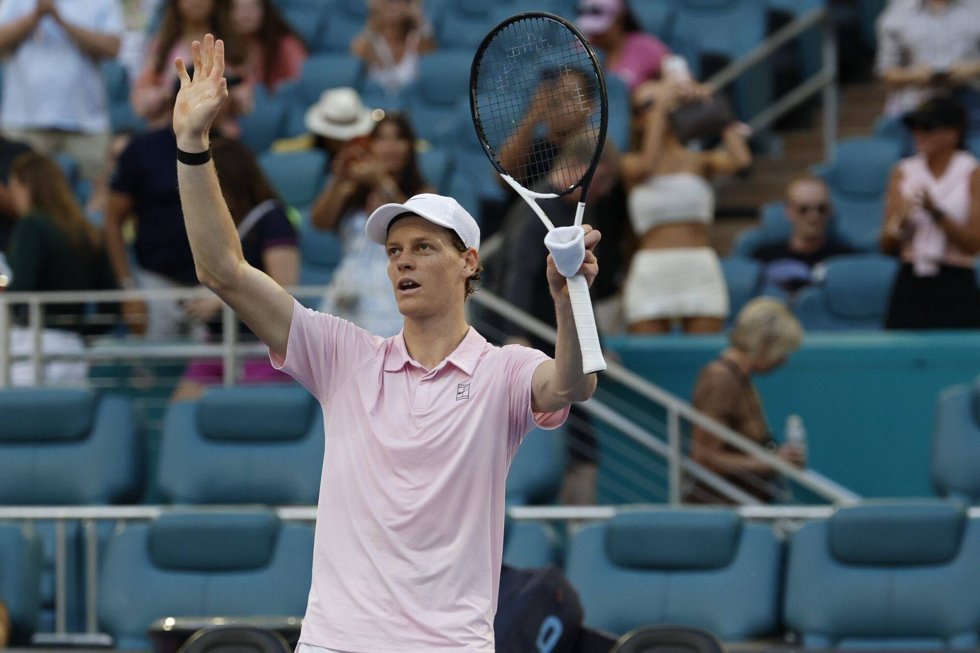 Jannik Sinner (ITA) celebrates after his match against Alex Michelsen (USA) (not pictured) on day eight of the 2026 Miami Open at Hard Rock Stadium.